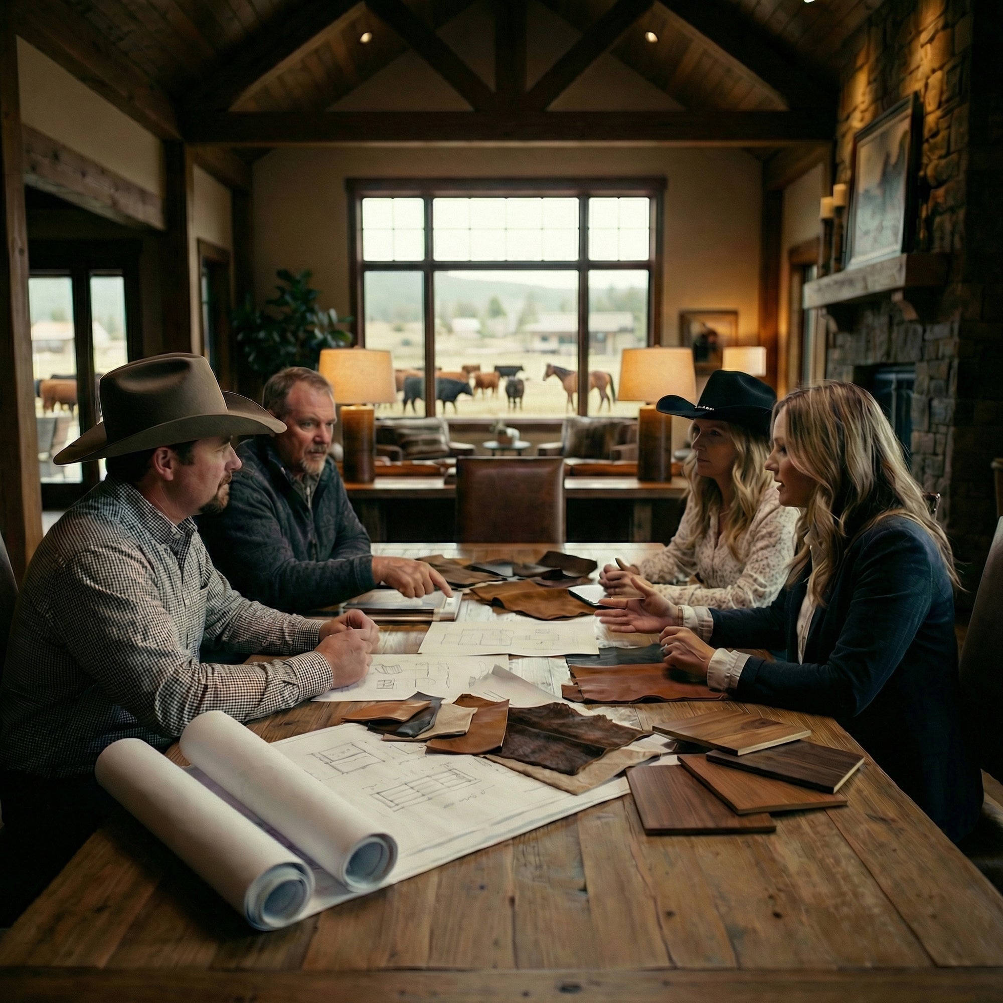 Design consultation table with western furniture sketches, leather and hide swatches, and wood finish samples laid out together