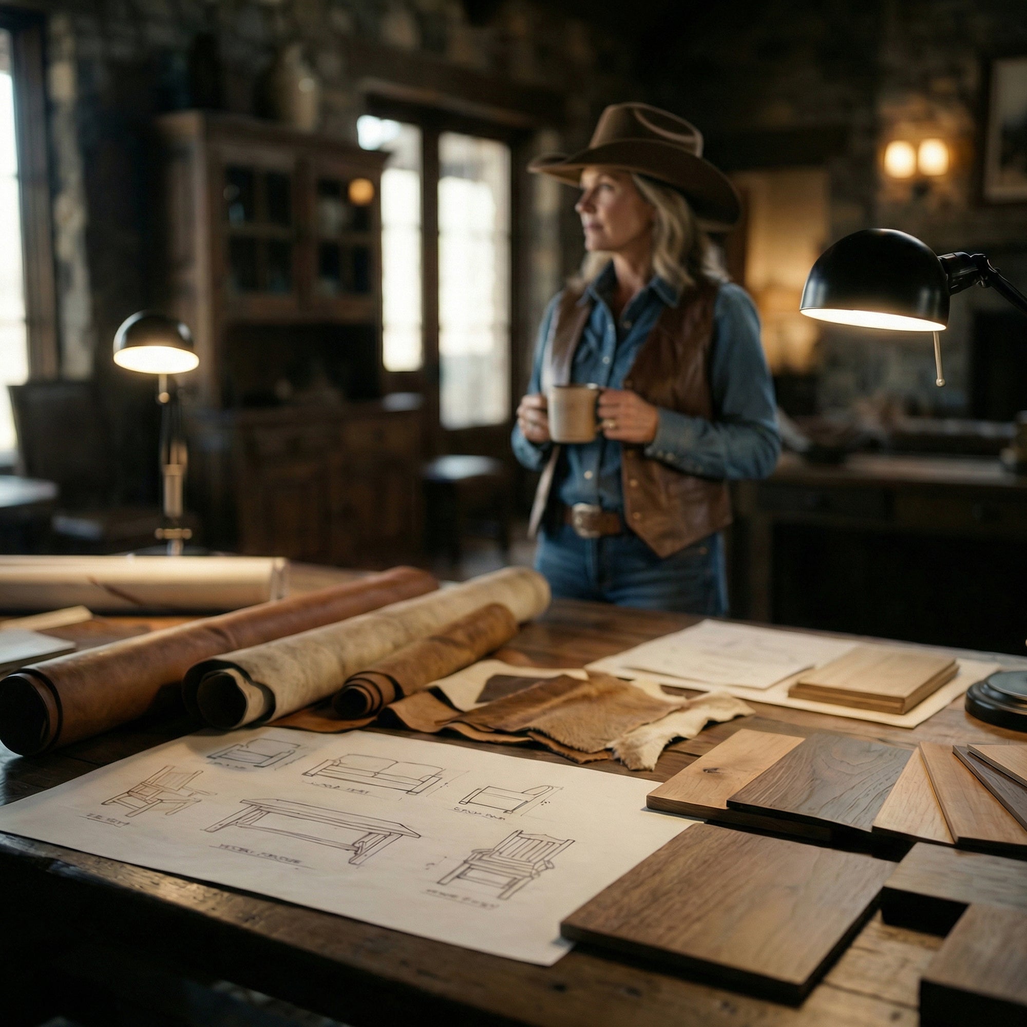 Leather and hair-on hide swatches with wood finish samples used to customize western furniture