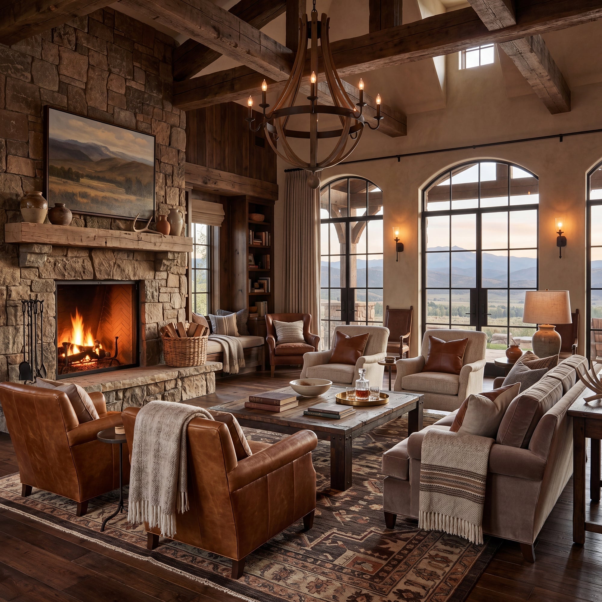 Western great room with a leather sofas, a properly sized rug, and clear walkways showing good traffic flow