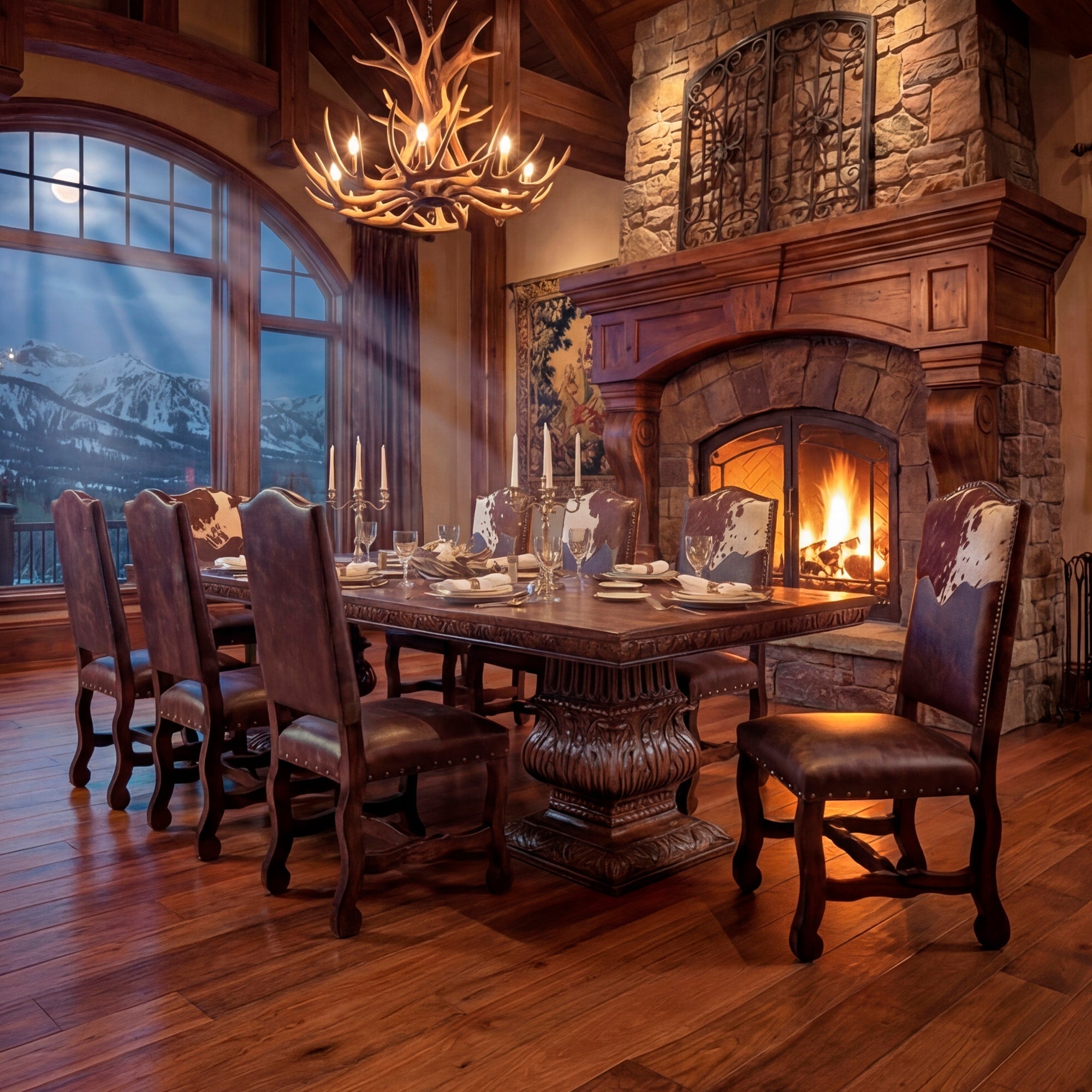Western dining room with solid wood trestle table, leather chairs, and warm candlelight creating an heirloom atmosphere