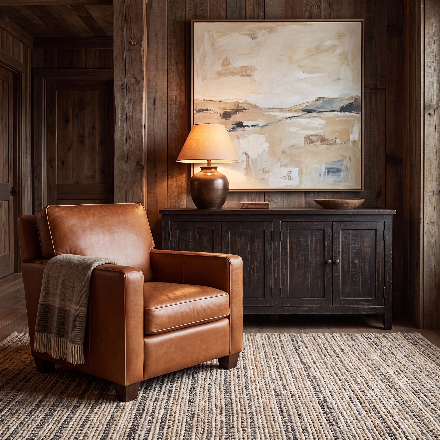 Warm Western living room with rich leather, layered lighting, lighter textiles, balanced rugs, and deep wood tones that feel bright but grounded