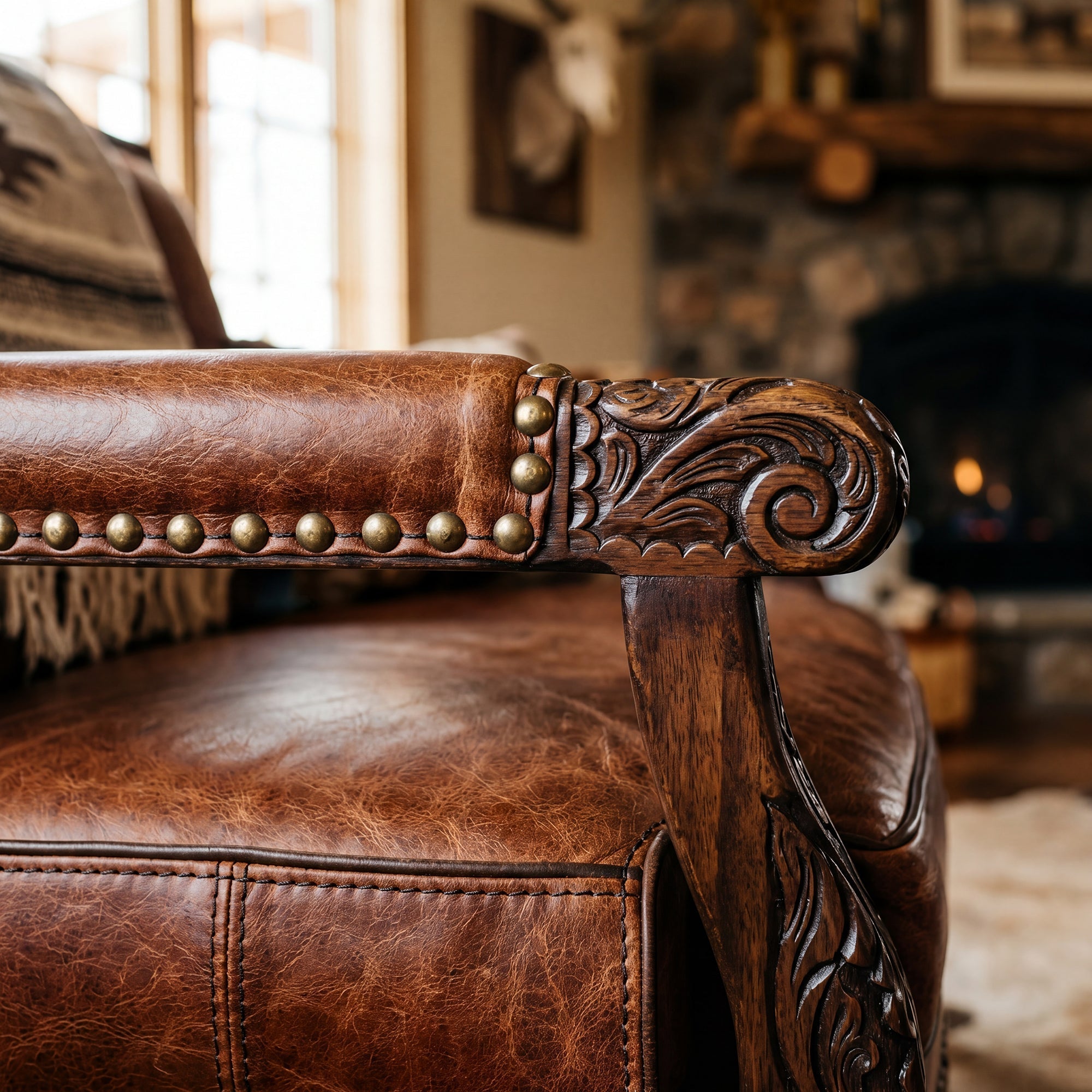 Luxury Western living room with heirloom leather seating, carved wood furniture, and rich materials showing signs of true construction quality