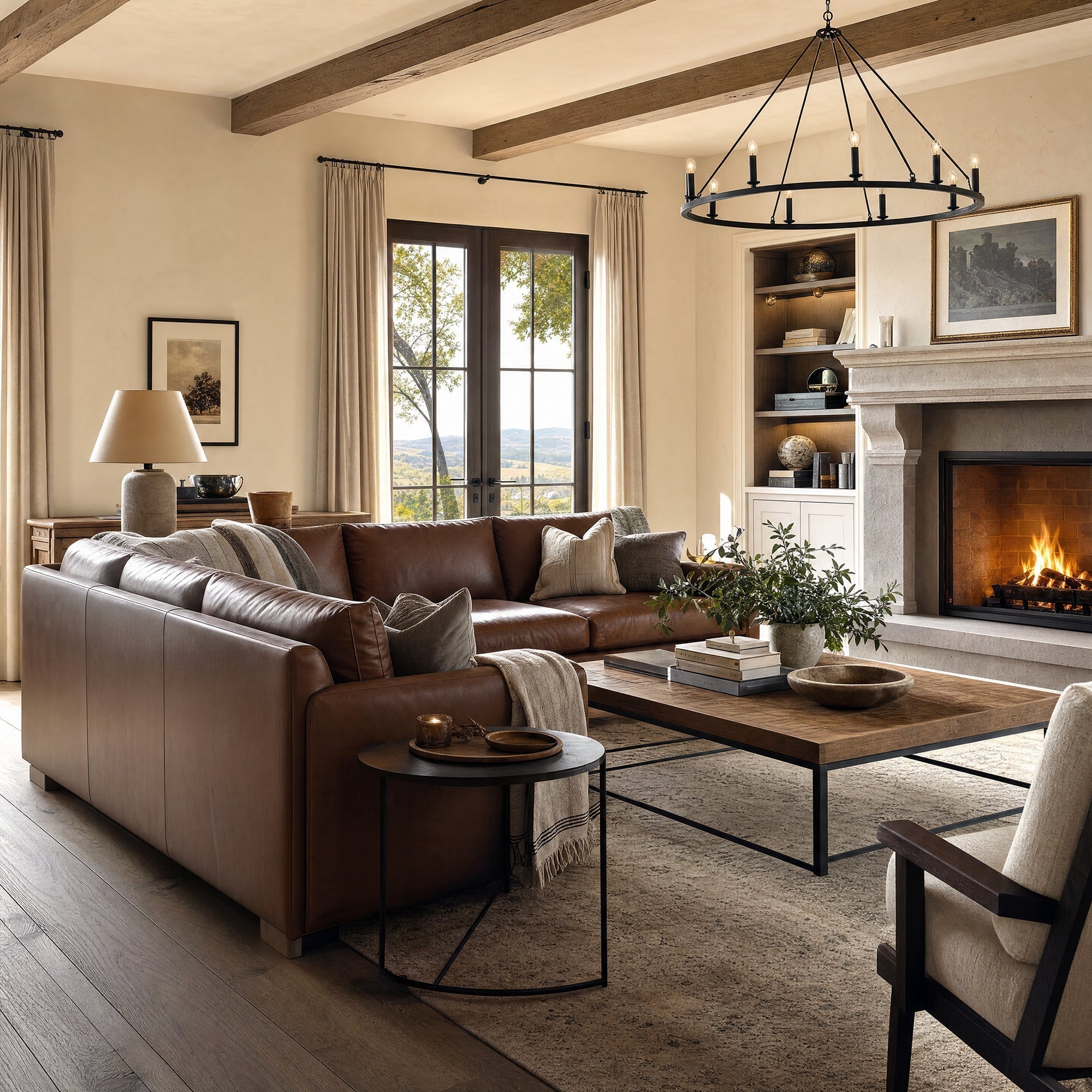 Transitional living room with refined Western furniture, smooth leather seating, warm wood, soft textiles, and calm layered ranch-inspired design