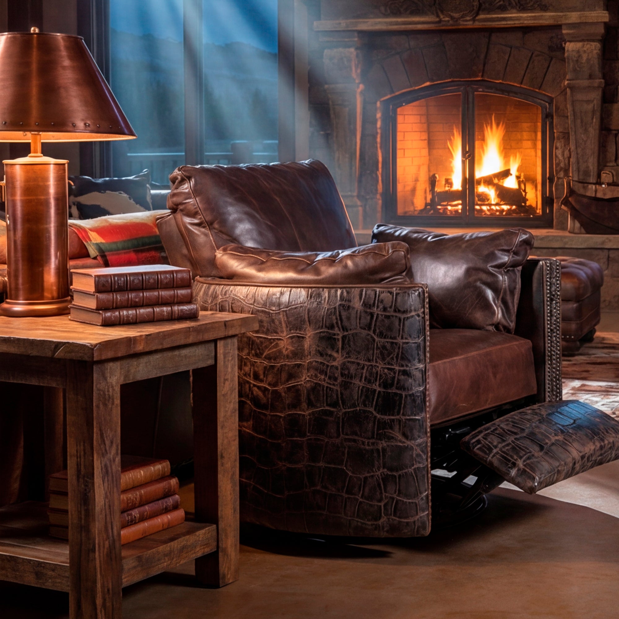 Quiet luxury Western living room with leather cuddler recliner, cowhide accent pillows, accent table, and warm layered lighting