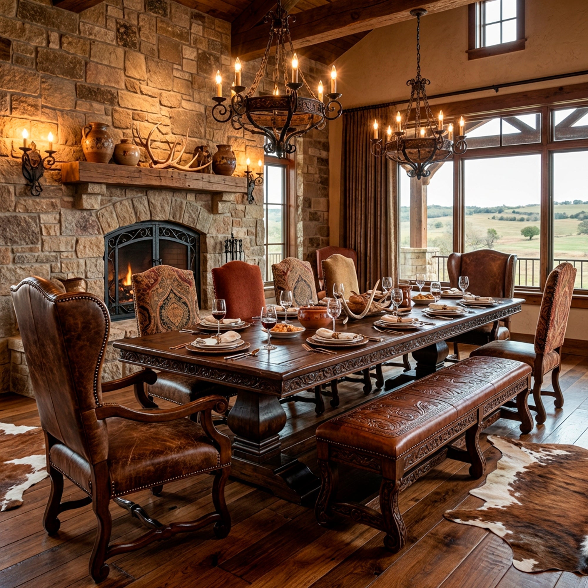 Ranch house dining room with mixed dining chairs, leather head chairs, upholstered side chairs, and a substantial wood table
