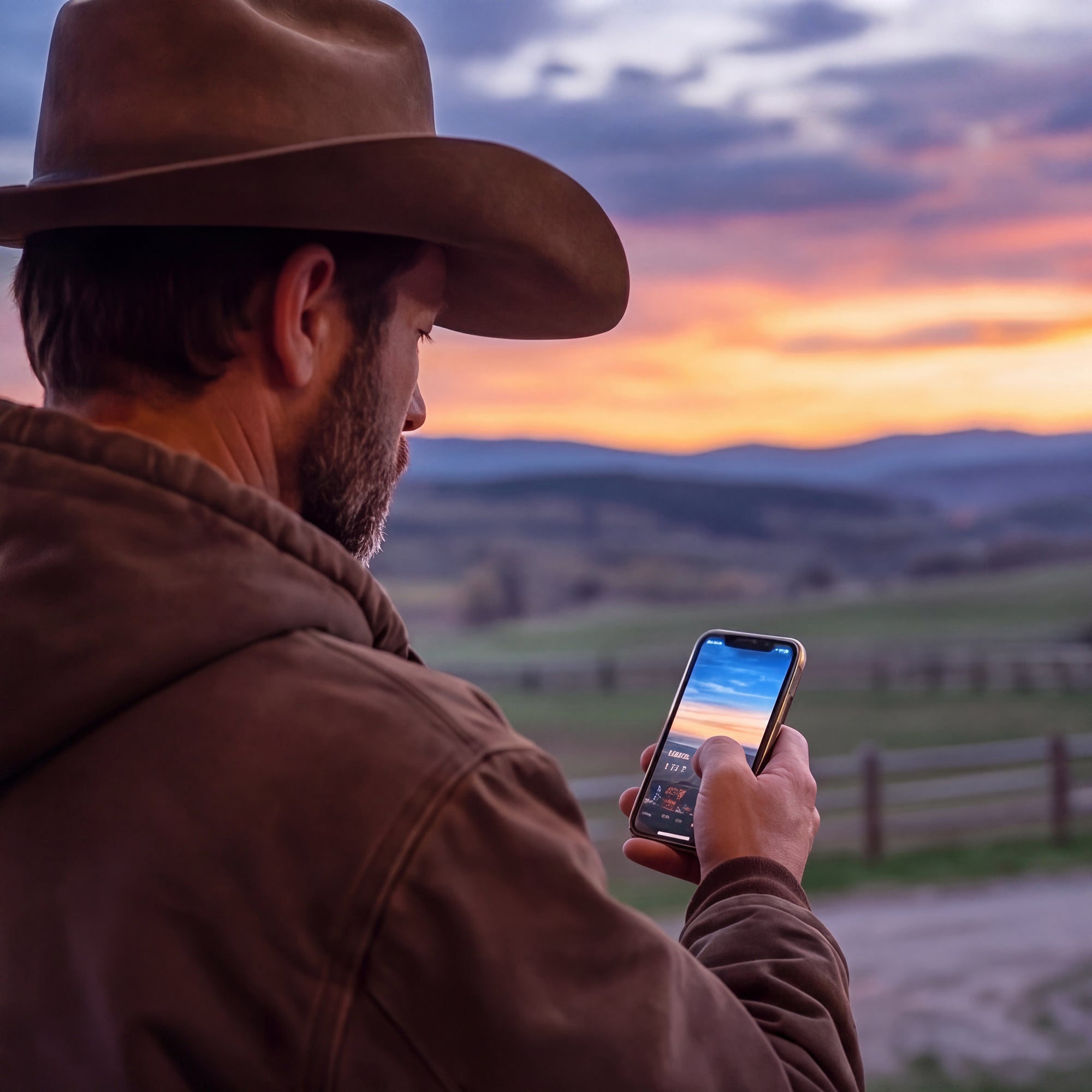 Person standing on a ranch porch at dusk holding a phone, with warm light behind and open sky ahead