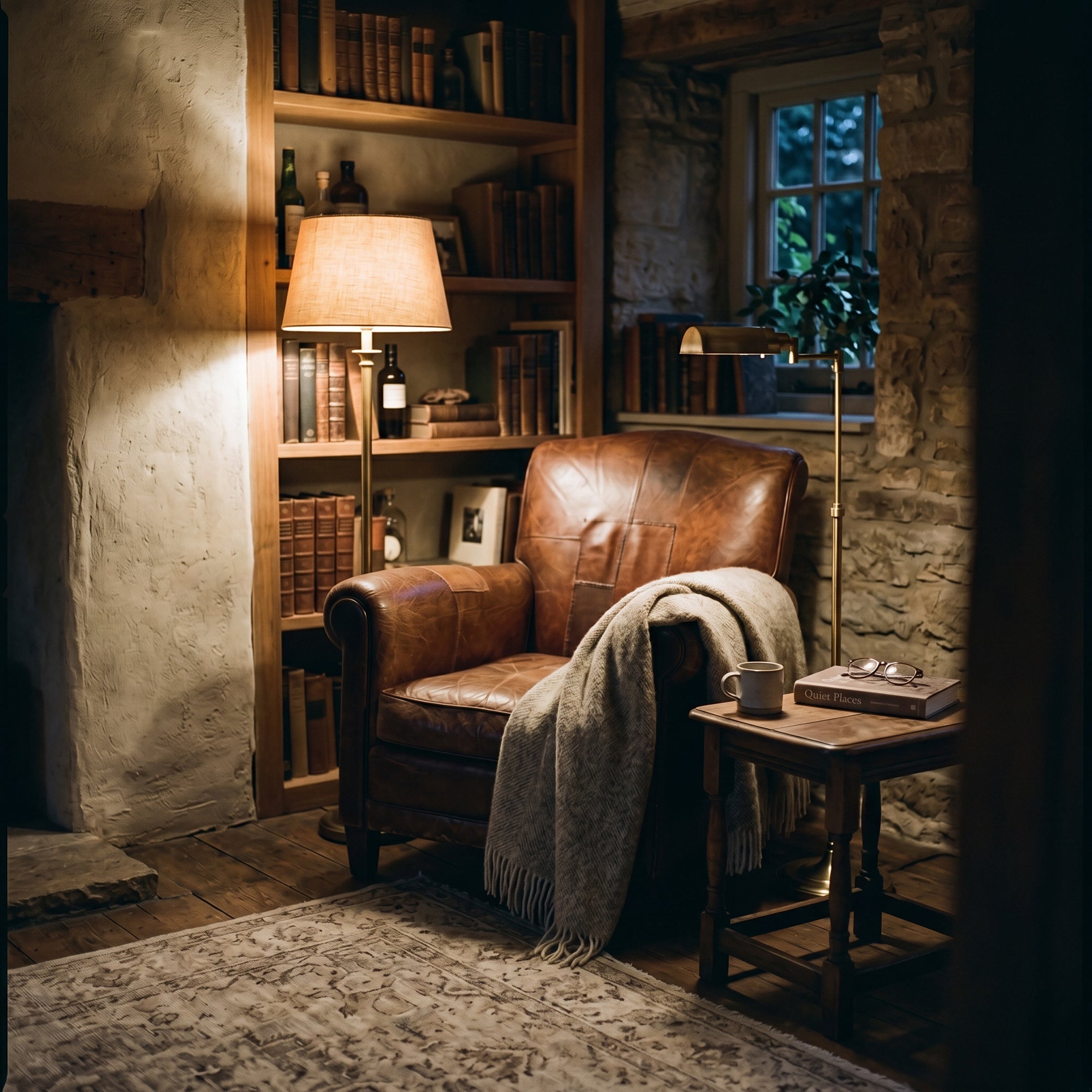 A quiet corner chair in warm lamplight, slightly out of view, suggesting refuge and stillness