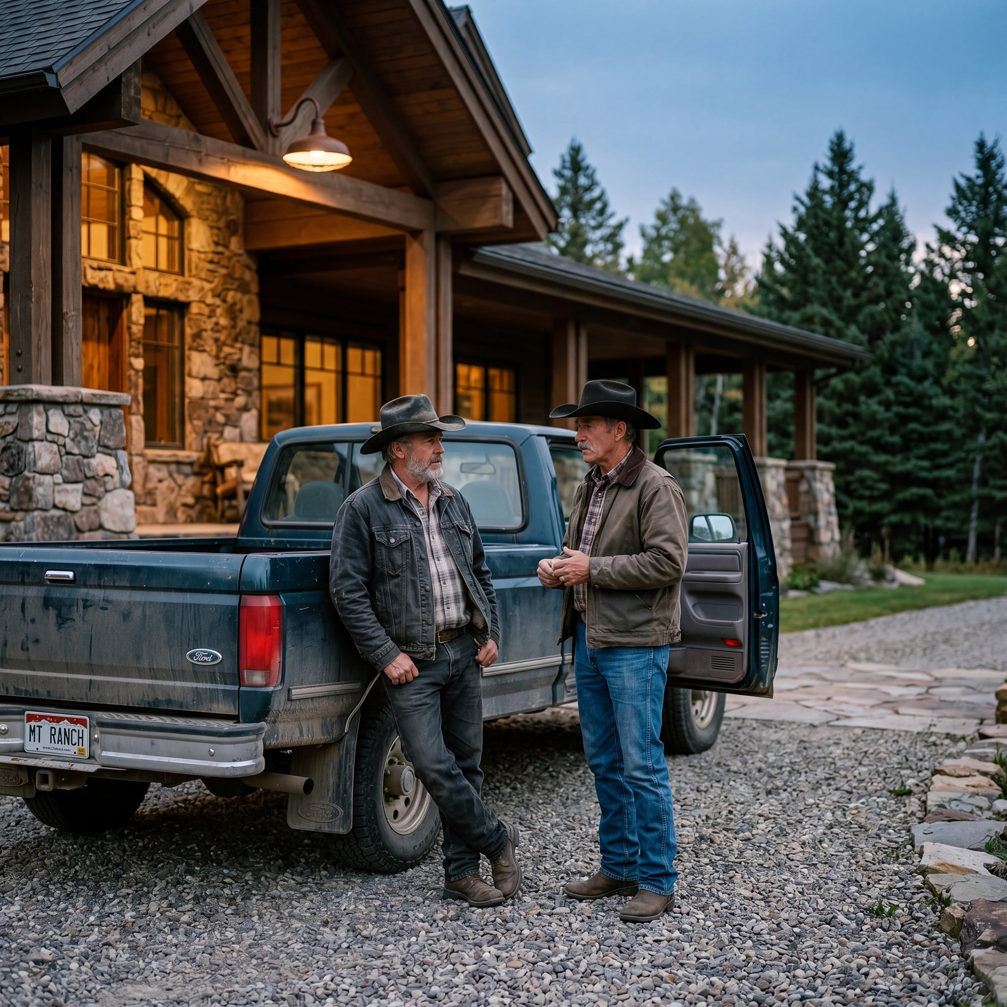 Two ranch owners standing beside a truck in a ranch driveway at dusk under a porch light