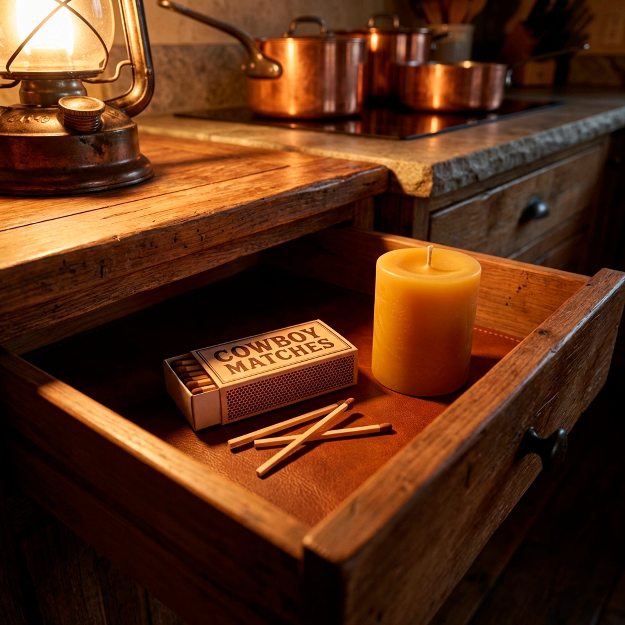 Wooden matches and a candle in an open kitchen drawer in warm lamplight