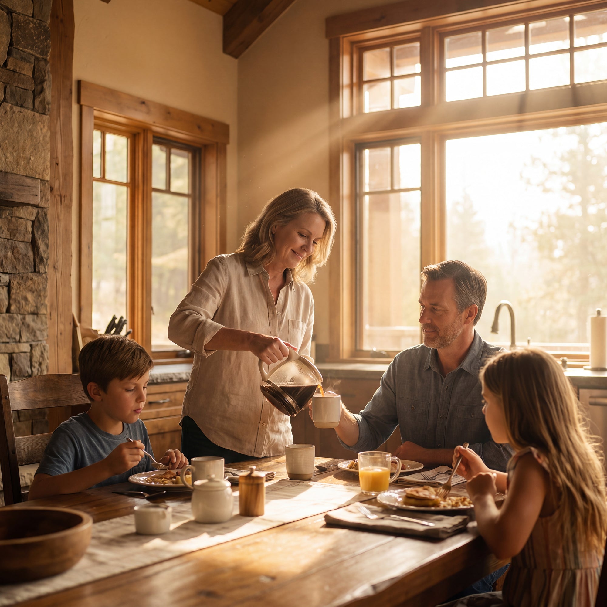 Warm ranch kitchen light with hands pouring coffee beside a set table, suggesting quiet care and presence