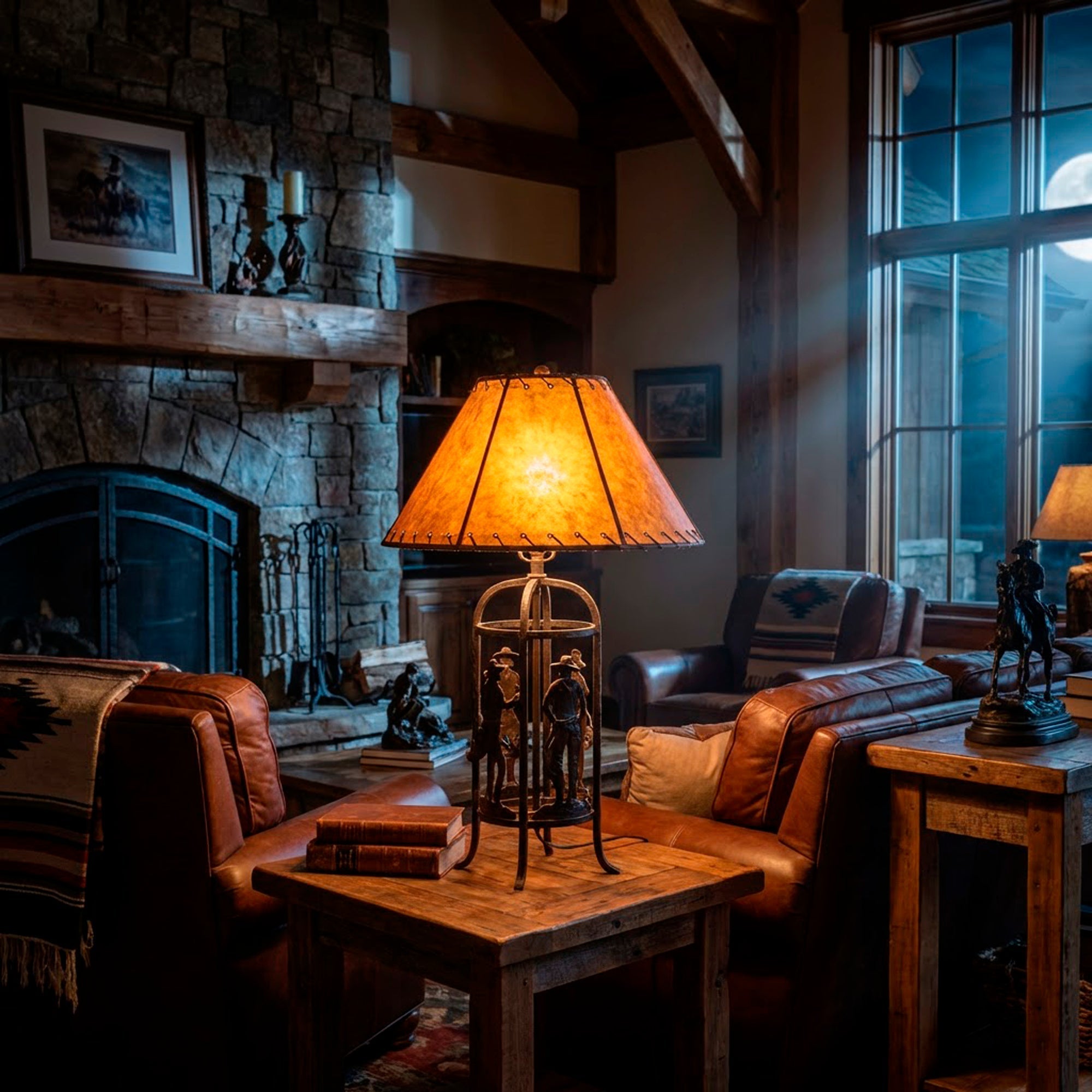 A warm lamp glowing in an upscale regal ranch great room at night with soft shadows and a quiet, cozy feel.