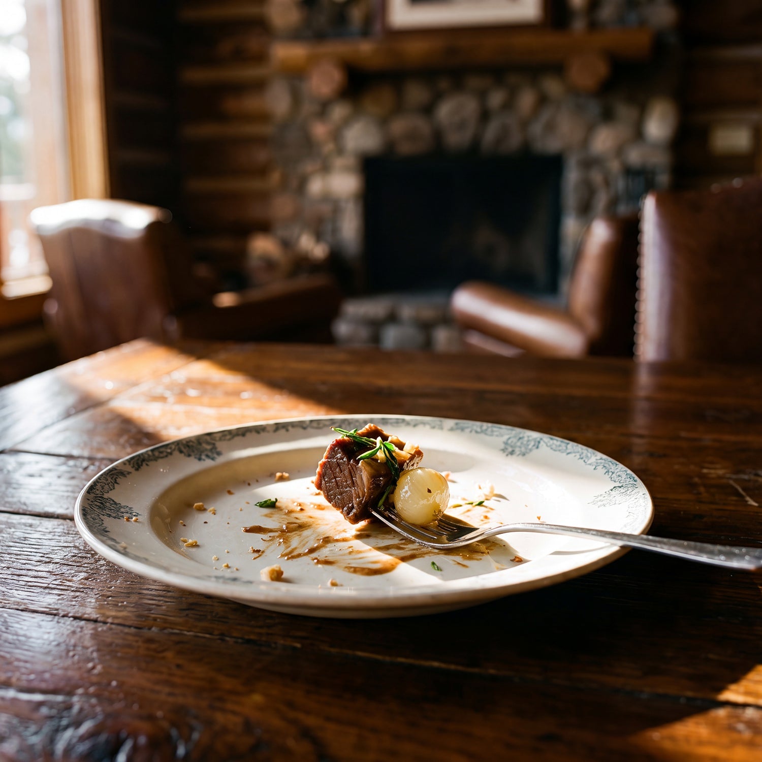 Dinner plate on a rustic table with one small bite left behind in warm evening light
