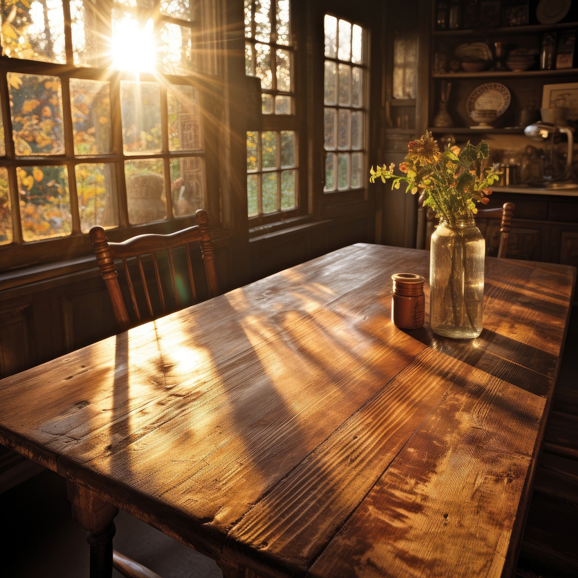 Lamplight over a set ranch table the night before guests arrive