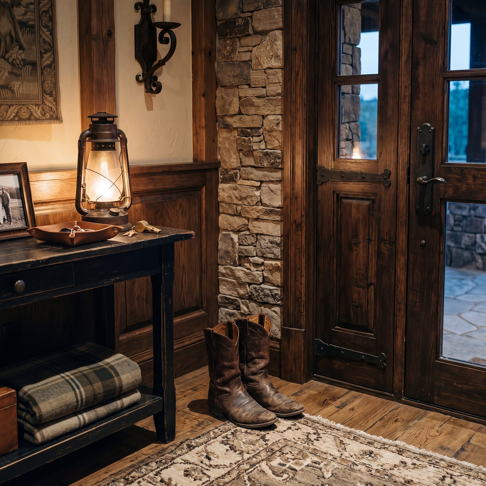 Worn boots resting by a ranch doorway in warm lamplight, untouched and still