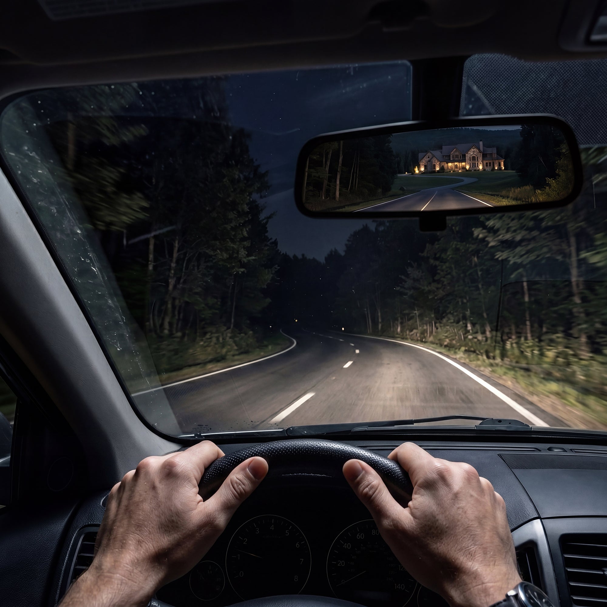 Two-lane road at night seen through a windshield, with faint ranch estate porch light in the distance behind