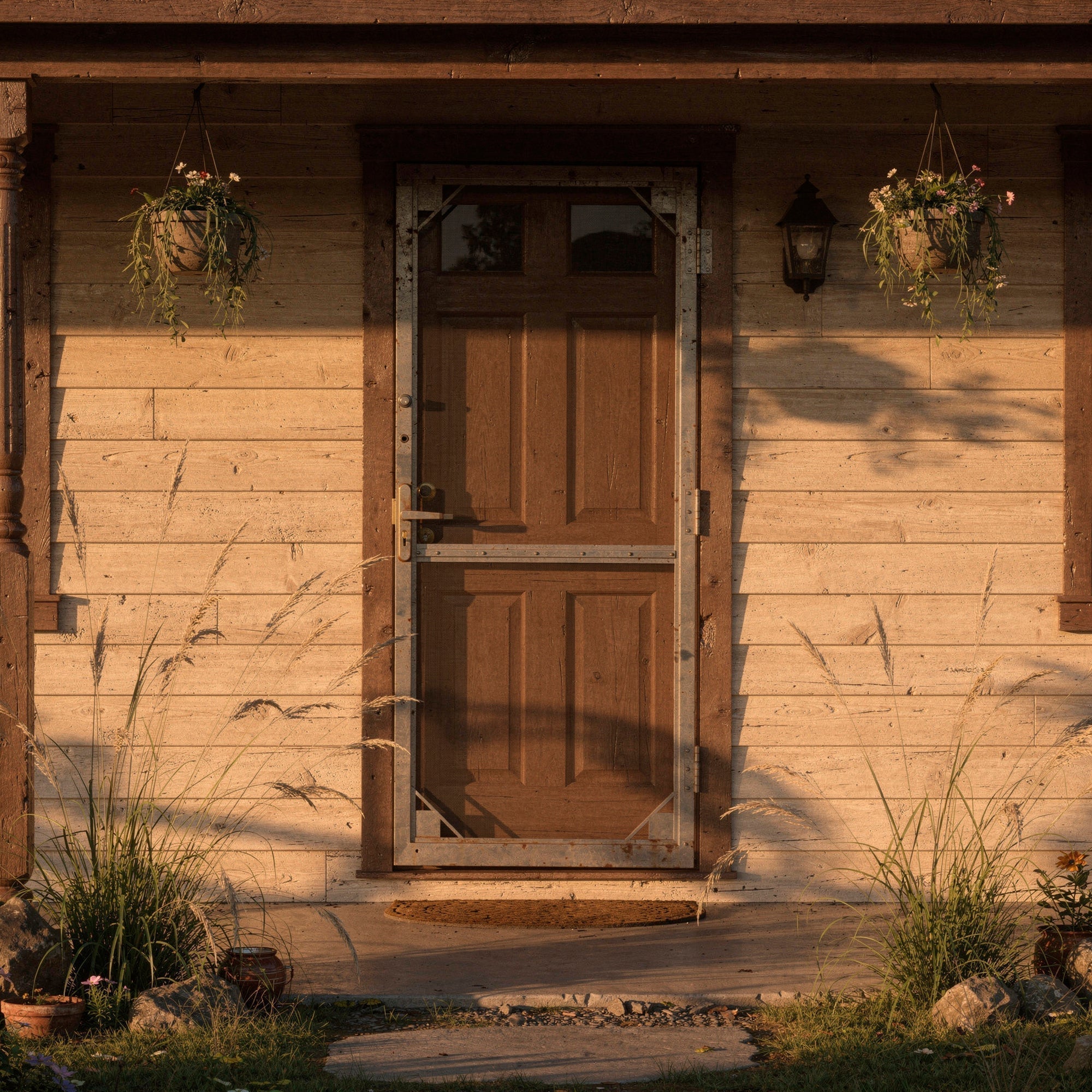 Old screen door on a ranch house with warm evening light and a soft summer breeze