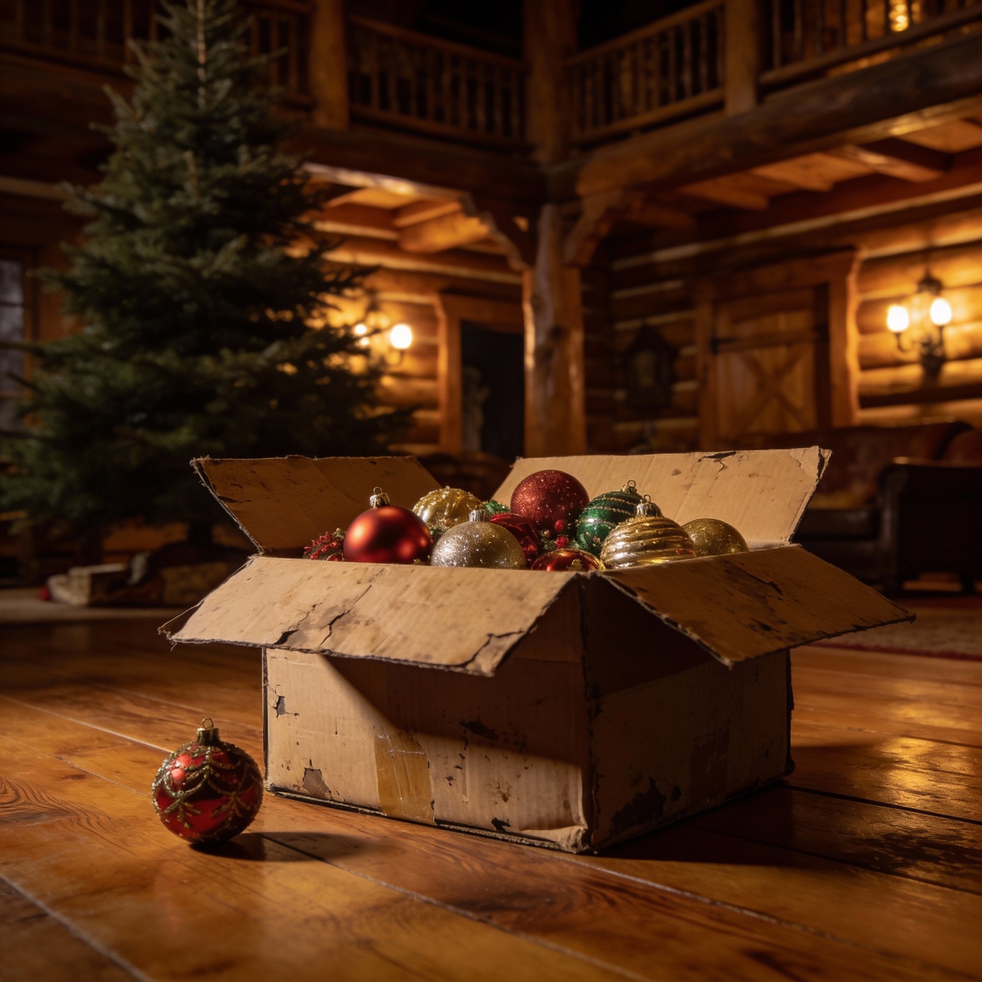 A worn cardboard box of ornaments opened on a wooden floor in warm lamplight