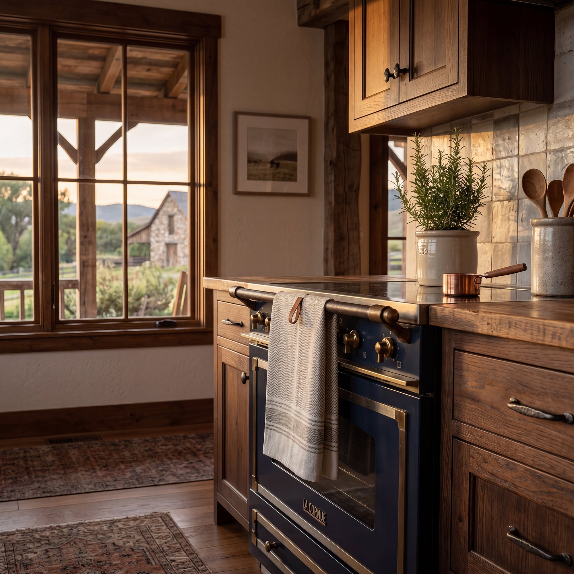 Dish towel hanging neatly on an oven handle in warm kitchen light