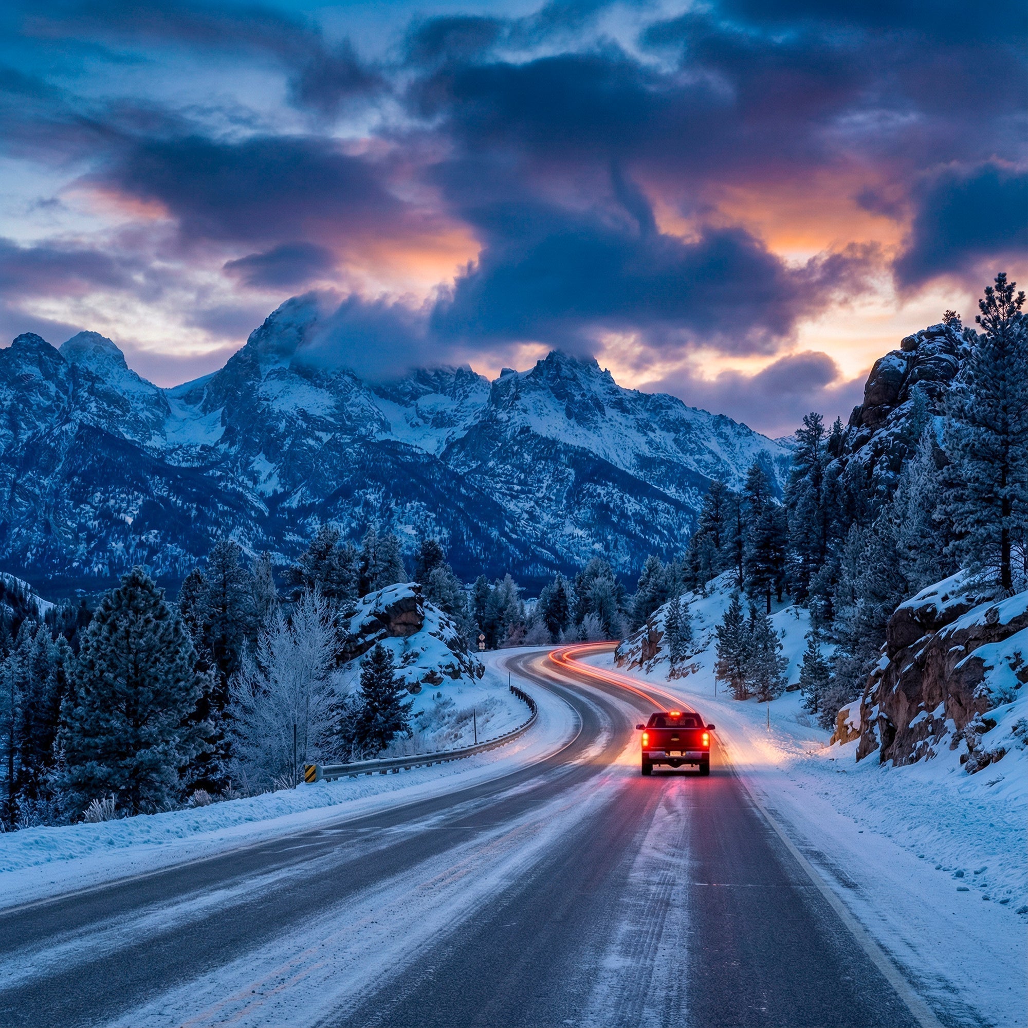 Two-lane country road at dusk with distant tail lights under a wide winter sky
