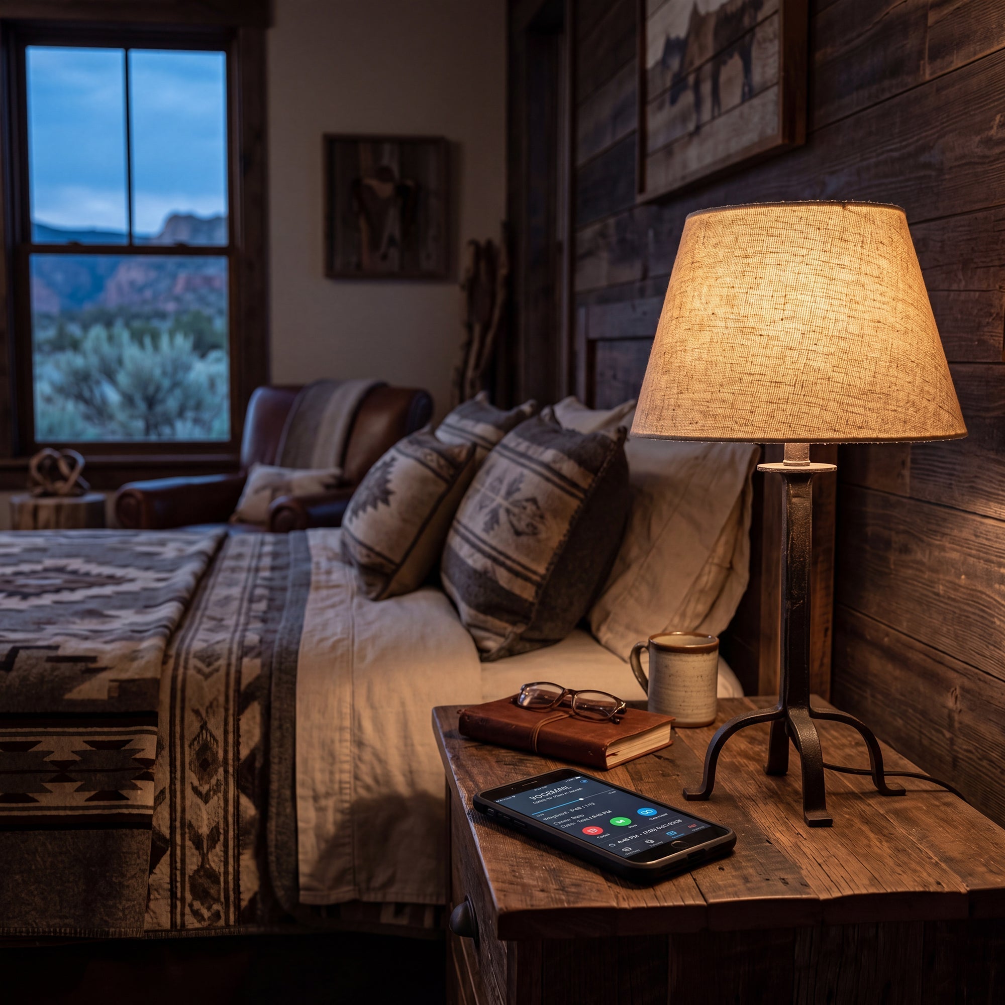 Phone screen showing a saved voicemail beside a warm lamp in a quiet Western room at dusk
