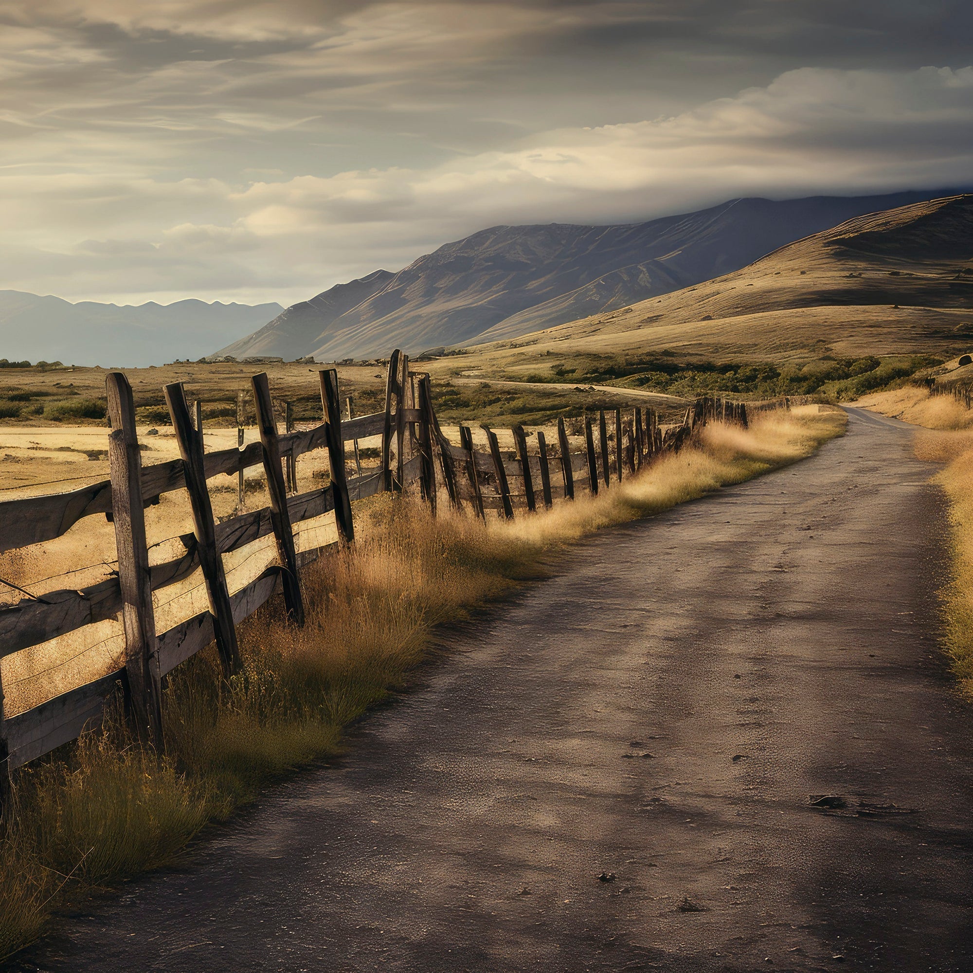 Golden light over a worn ranch trail, with boot tracks and grass gently leaning in the breeze