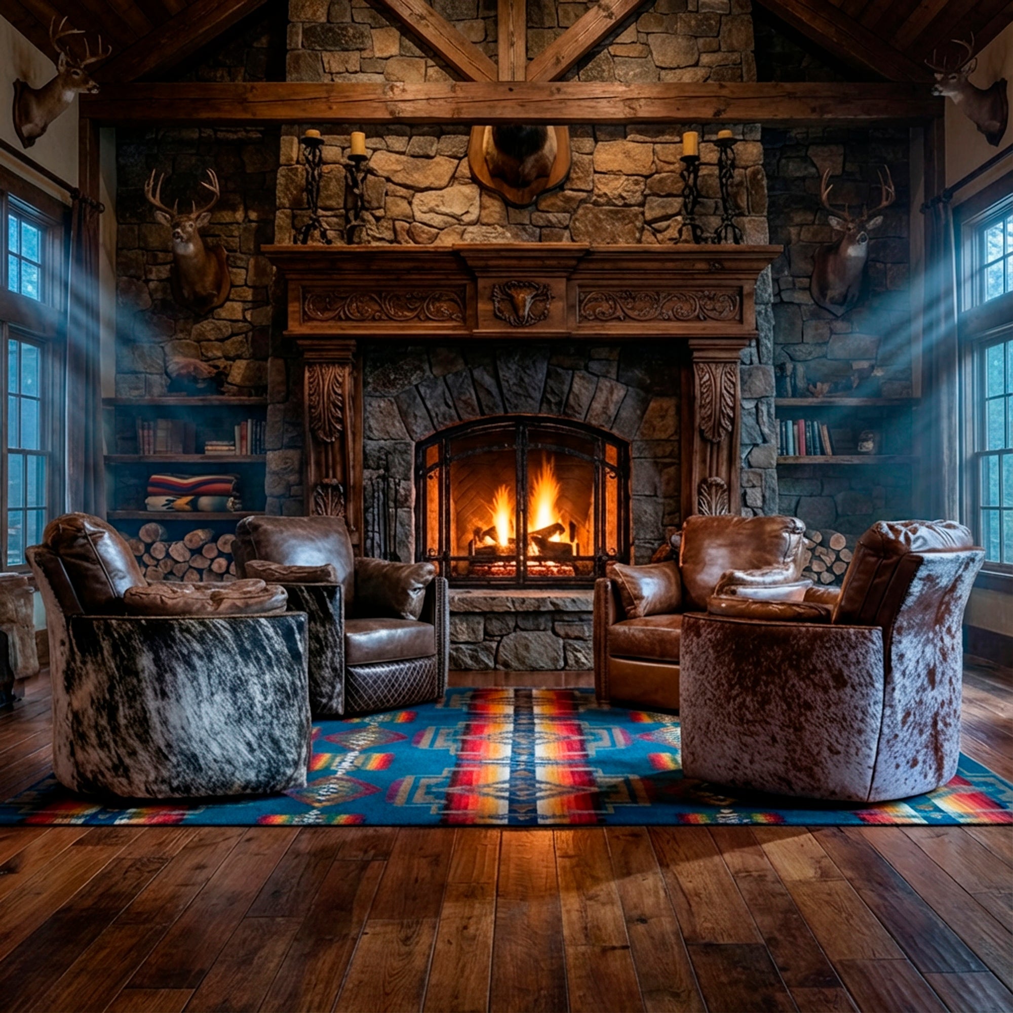 A ranch estate great room furnished with texas snuggler recliners.