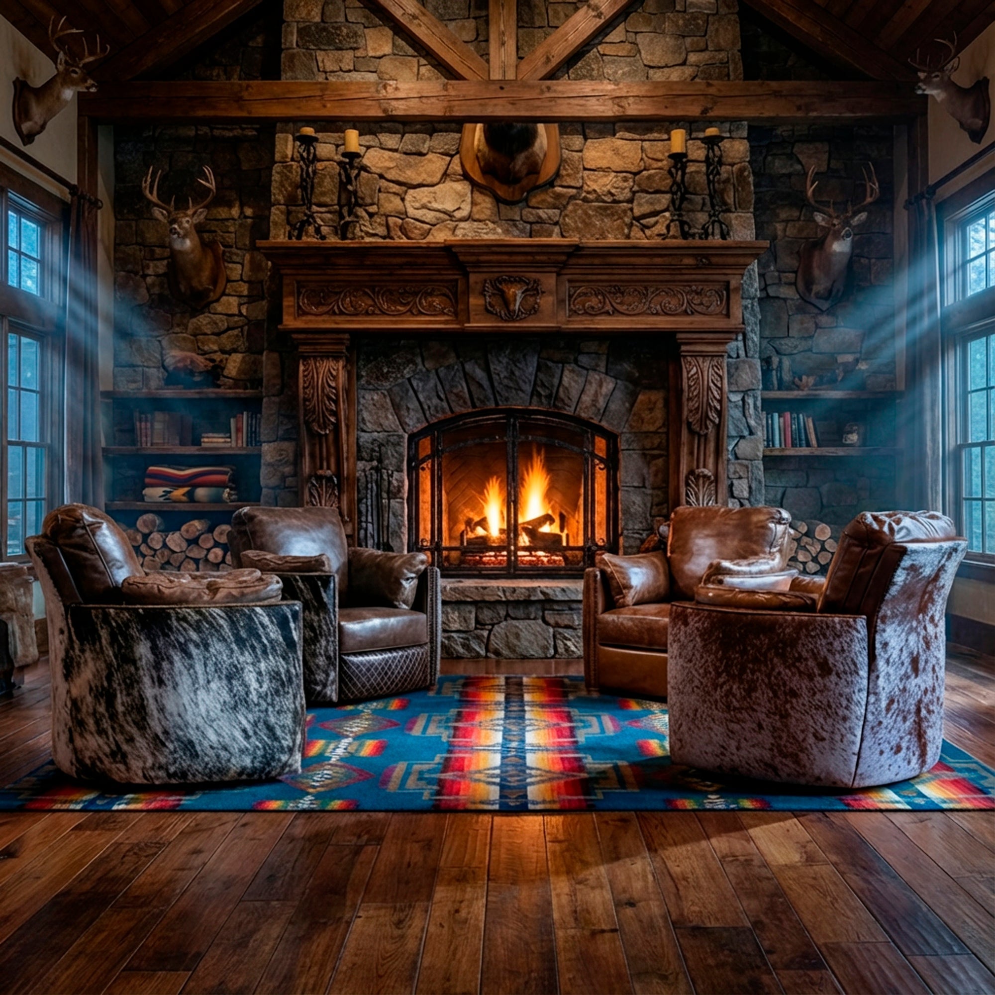 A ranch estate great room furnished with texas snuggler recliners.
