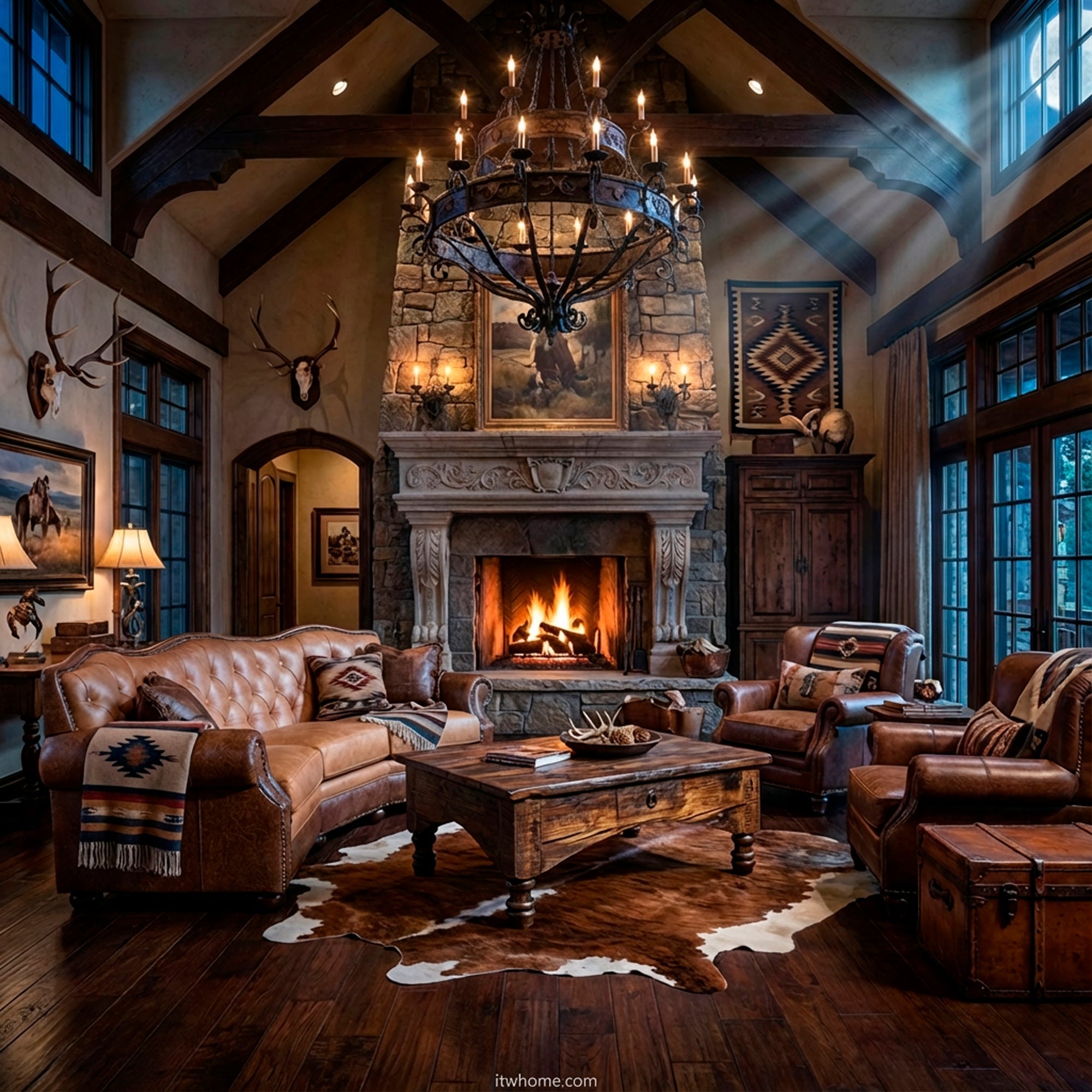 Rustic Western living room with leather sofa, reclaimed wood coffee table, cowhide rug, and iron chandelier