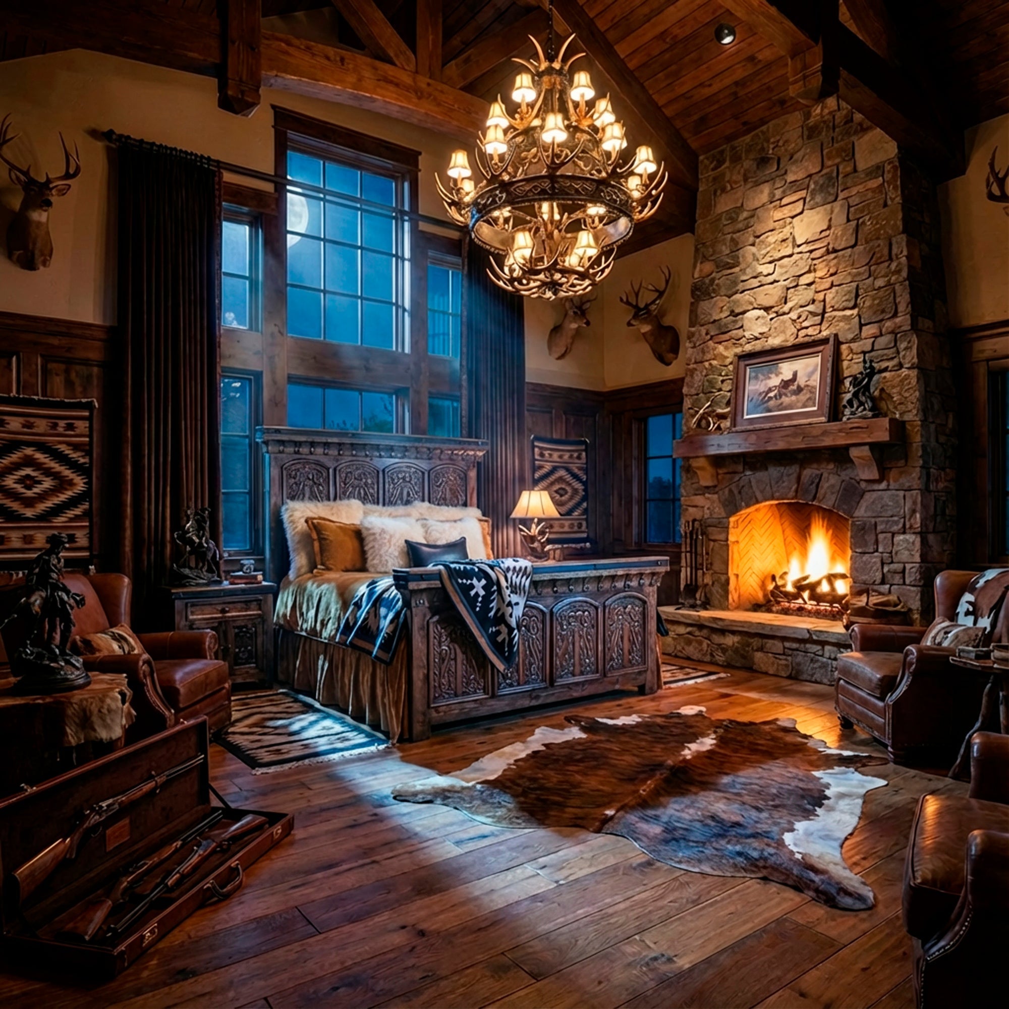 Luxury western bed in a ranch-style primary bedroom with carved wood headboard and layered neutral bedding