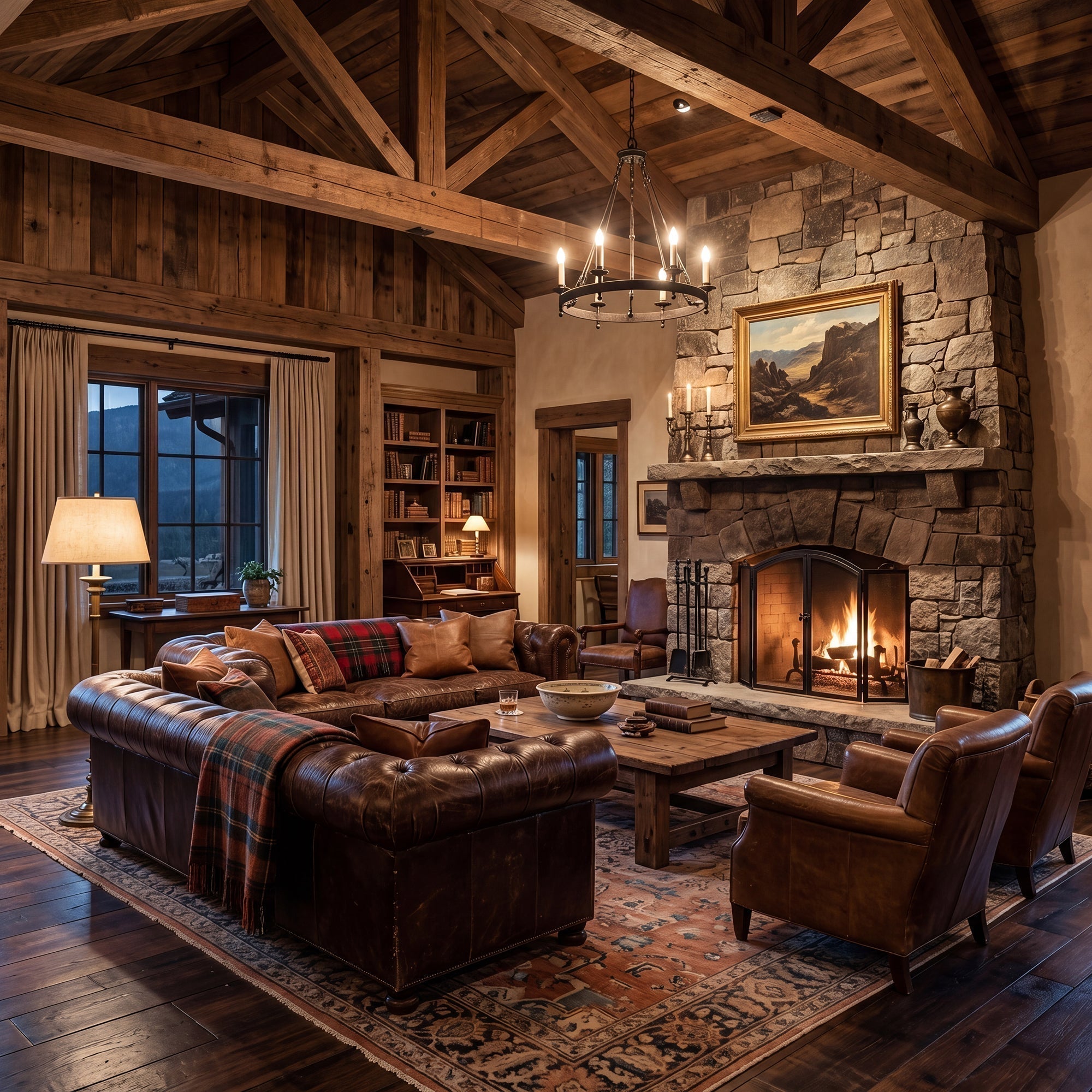 Timeless luxury Western room with rich leather, warm wood, layered textures, soft lighting, and enduring ranch-inspired design details