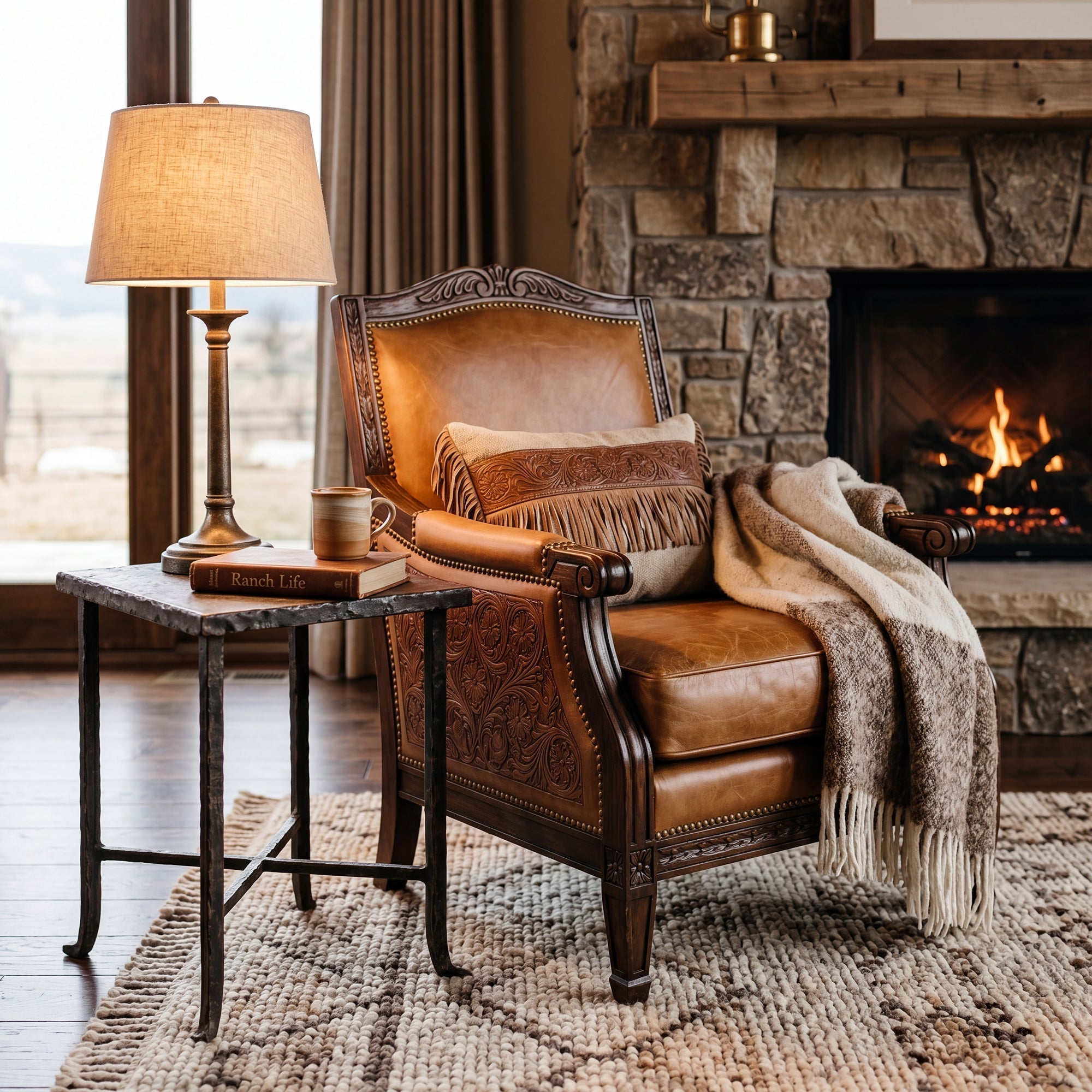 Refined Western room with strong furniture, layered texture, visual calm, and enough breathing space to feel complete without excess décor