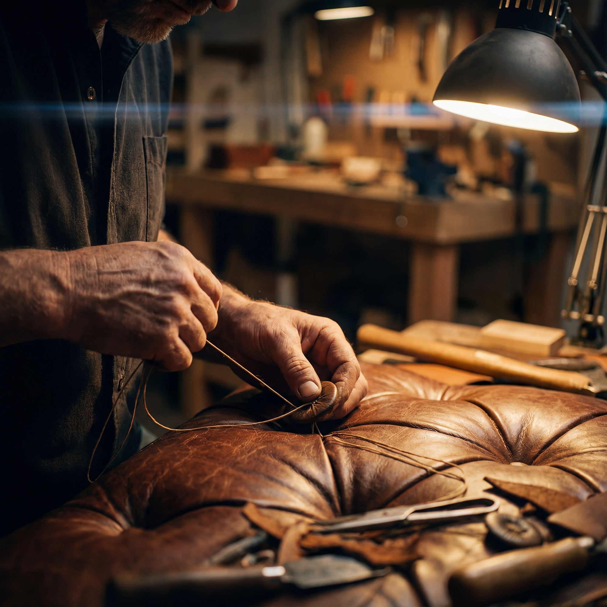 Artisan hand-upholstering a tufted leather sofa in a workshop.