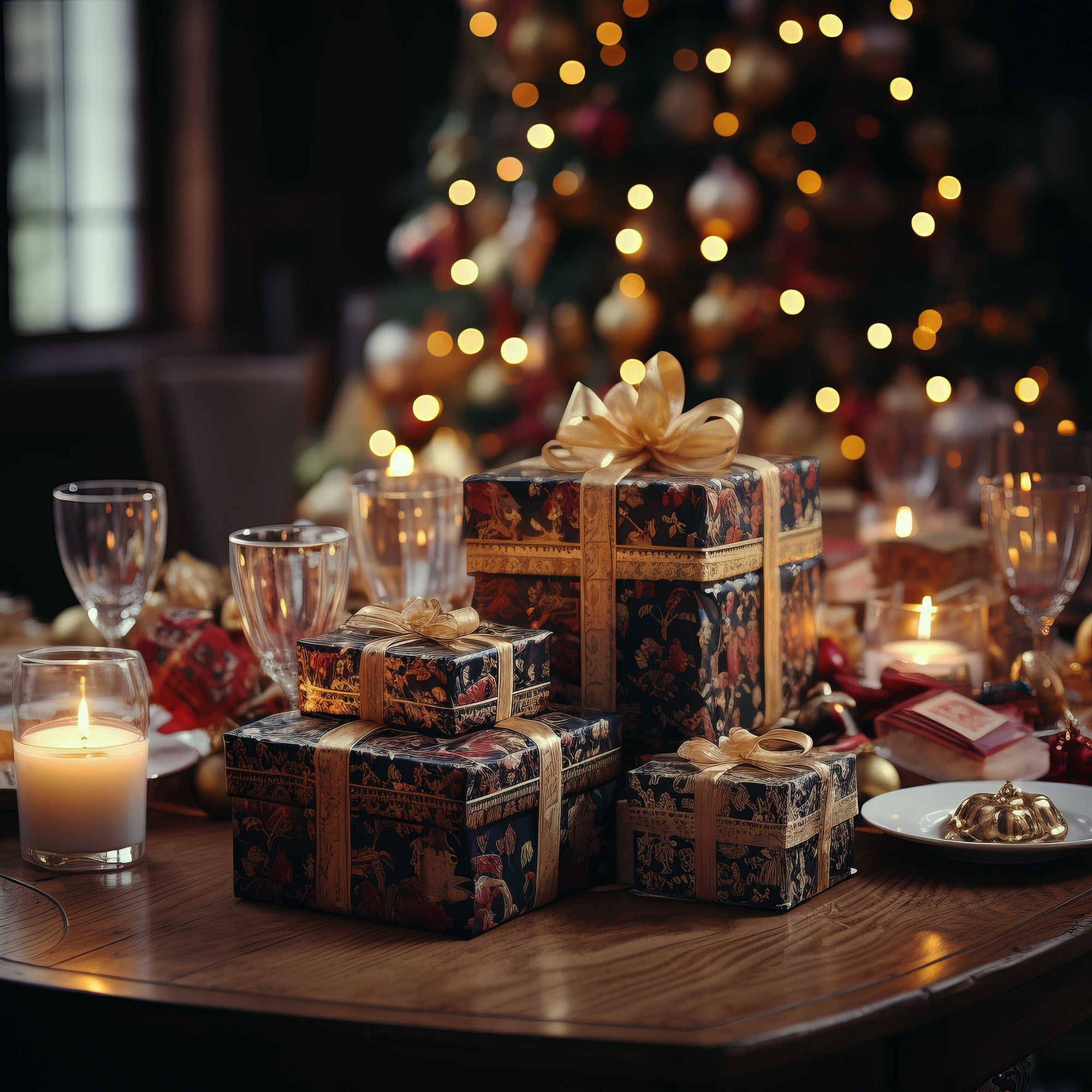 Western gift display with silver boxes, copper mugs, and leather-wrapped accents on reclaimed wood table