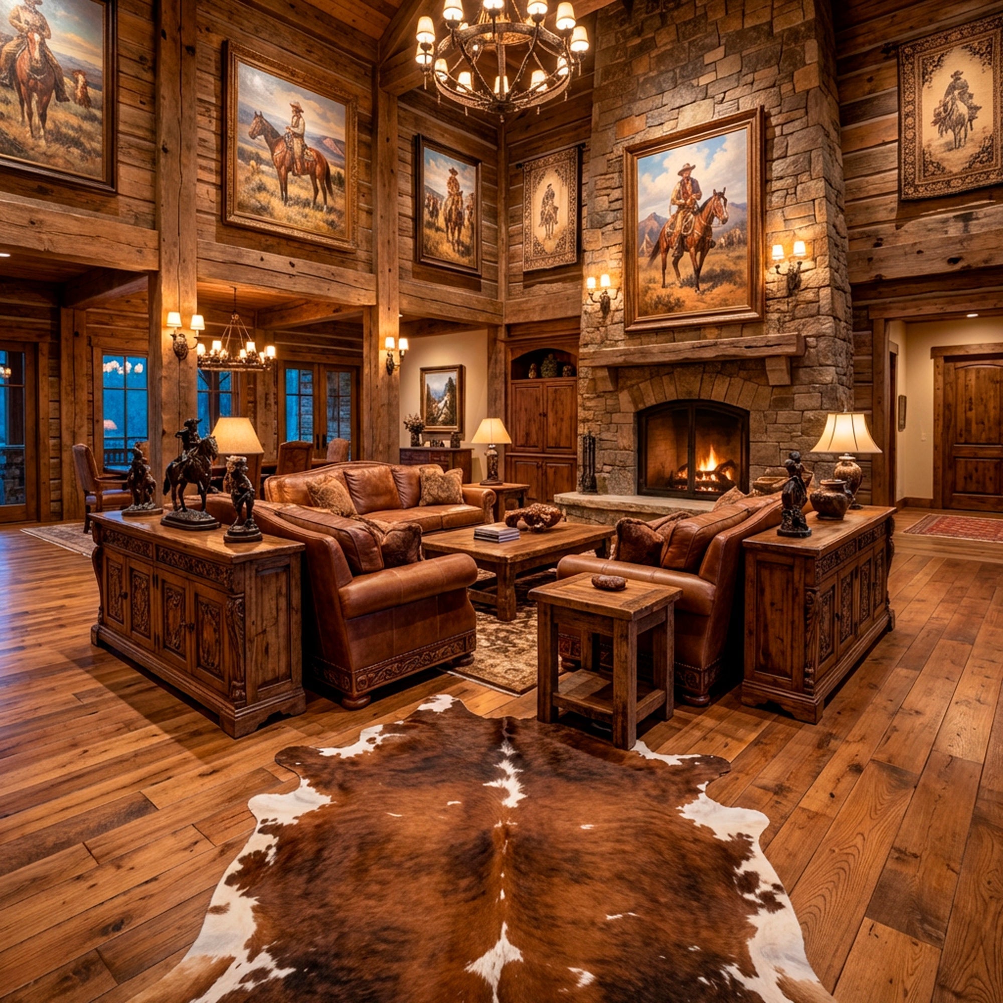 Western great room with leather sofas, a properly sized rug, and clear walkways showing good traffic flow