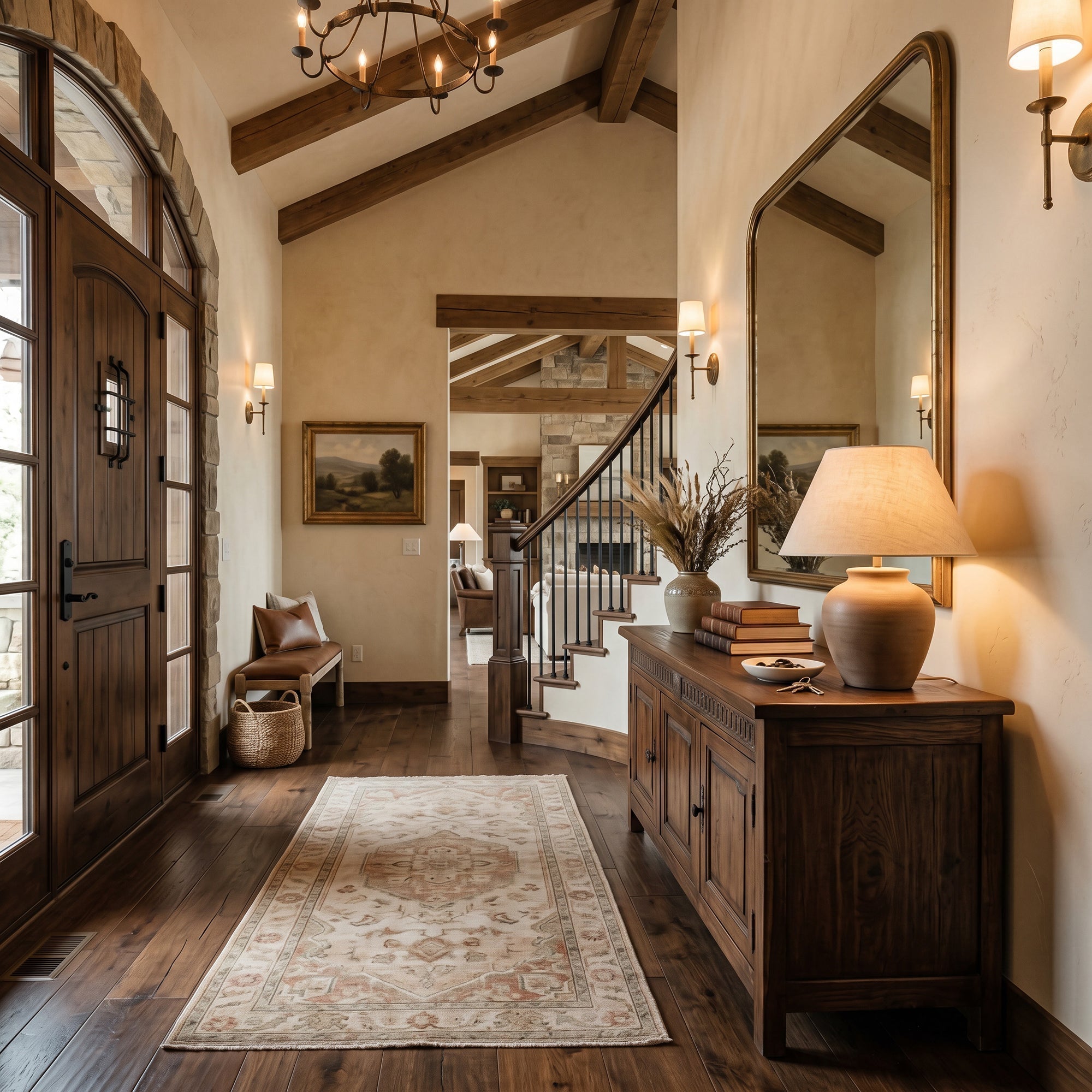 Warm luxury Western home with settled entry, layered lighting, grounded seating, rich textures, and inviting ranch-style housewarming atmosphere
