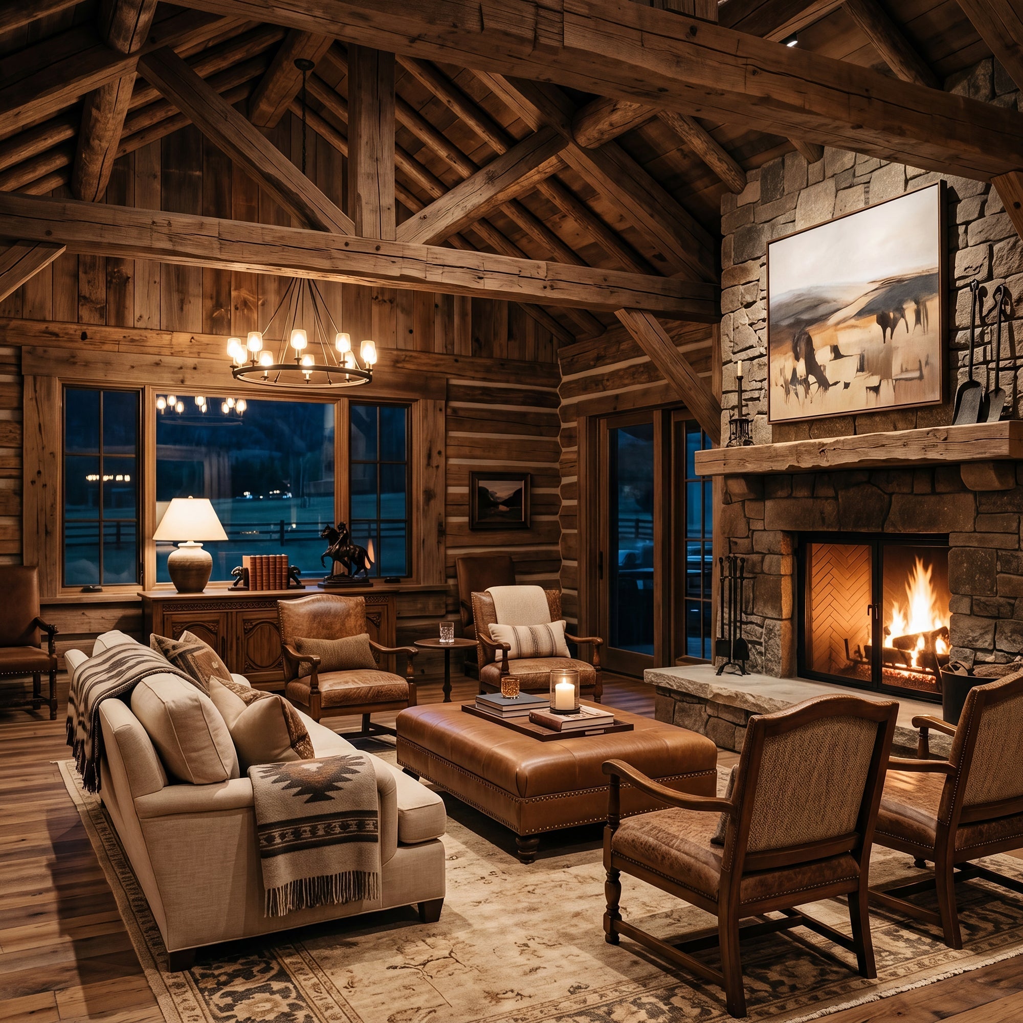 Luxury western mountain great room at night with warm lamplight, leather seating, stone fireplace glow, and layered lighting