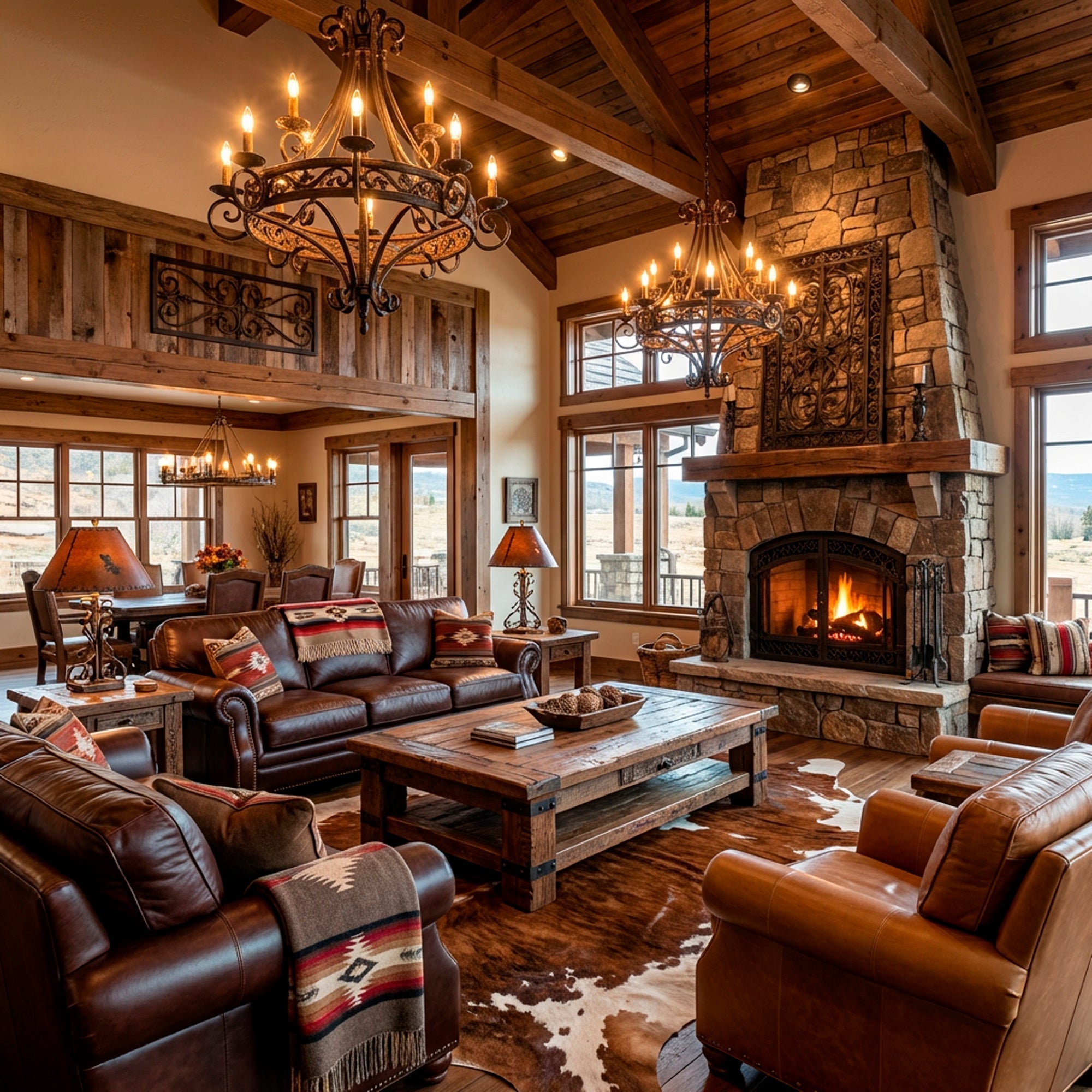 Quiet luxury western great room with leather seating, reclaimed wood textures, warm lighting, and a balanced layout