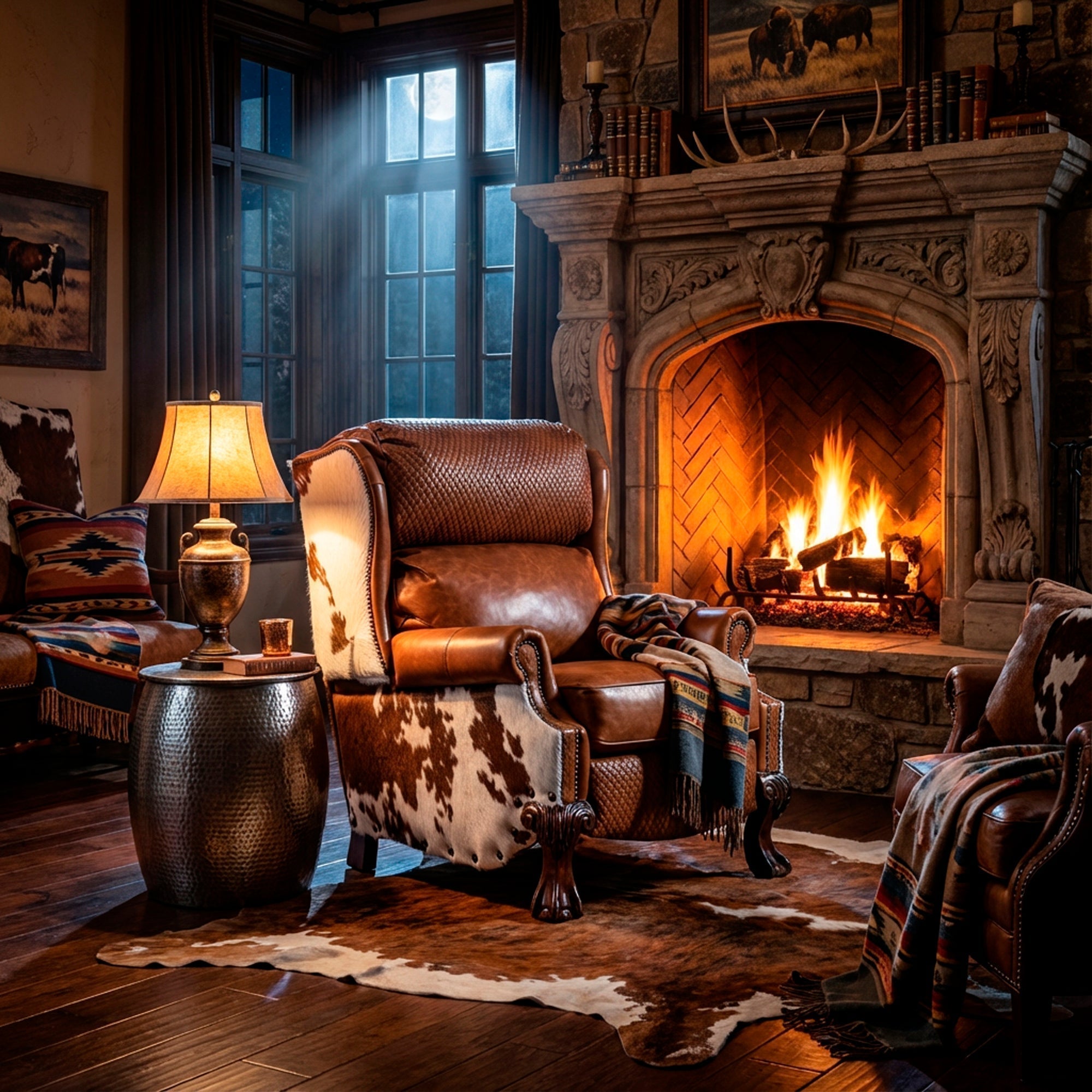 Western reading nook with leather chair, hammered metal side table, lamp, and cowhide rug in a quiet room