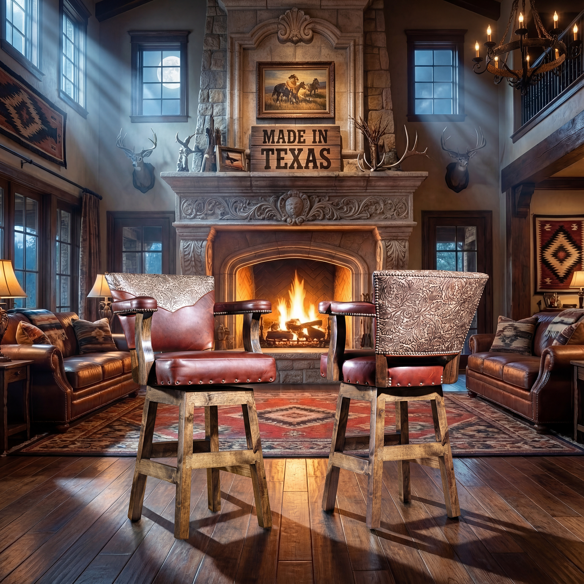 Handcrafted Western bar stool in cowhide and top-grain leather with solid wood frame and nailhead trim.