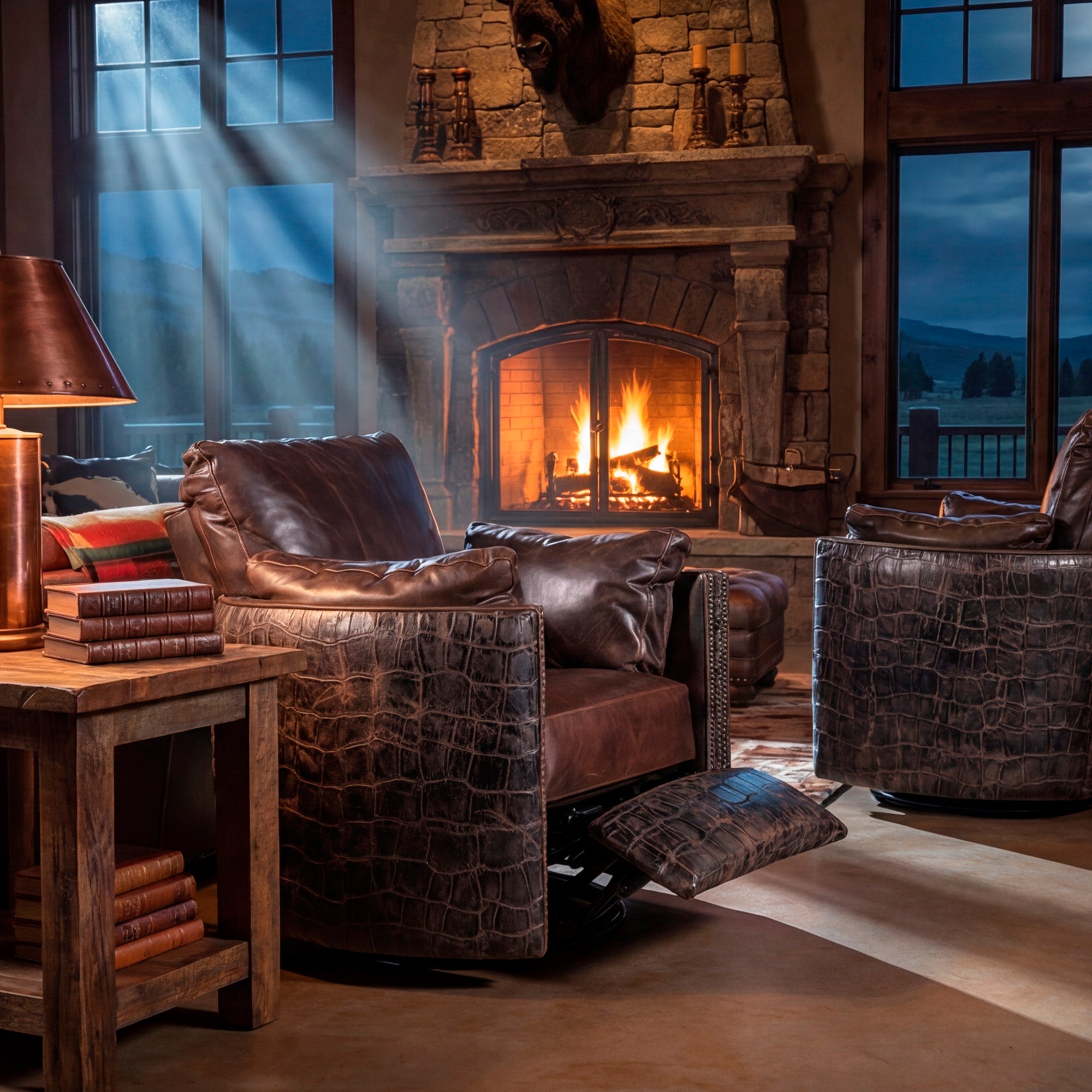 Cowhide and leather Western recliner designed to hug the body for all-day comfort