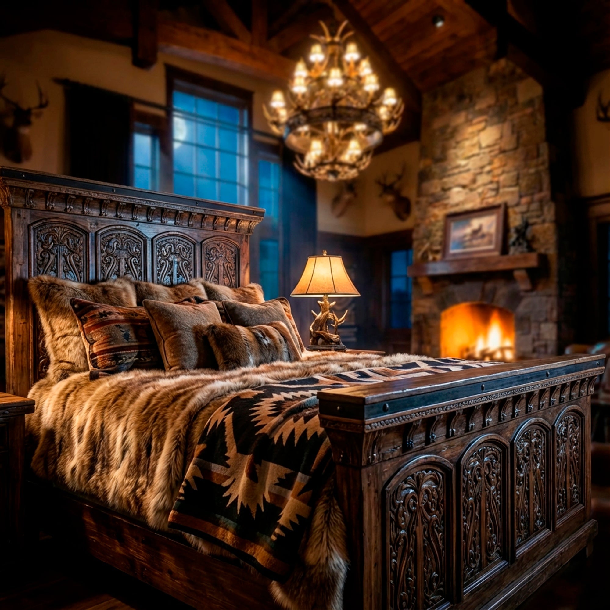 Rustic western bed frame with reclaimed wood and iron scrollwork