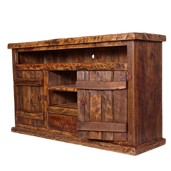 This Old Fashion Woodcutter TV Console is crafted from reclaimed wood for a rugged western look that is heavy and chunky. Perfect for adding a sense of style and durability to your home.