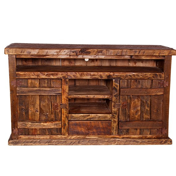 This Old Fashion Woodcutter TV Console is crafted from reclaimed wood for a rugged western look that is heavy and chunky. Perfect for adding a sense of style and durability to your home.