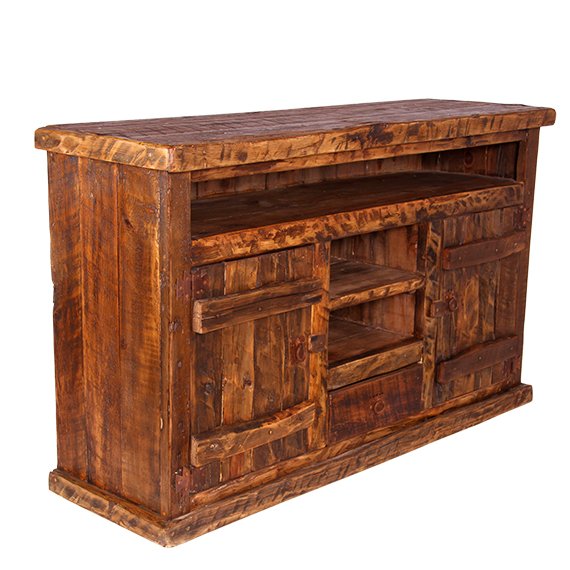 This Old Fashion Woodcutter TV Console is crafted from reclaimed wood for a rugged western look that is heavy and chunky. Perfect for adding a sense of style and durability to your home.