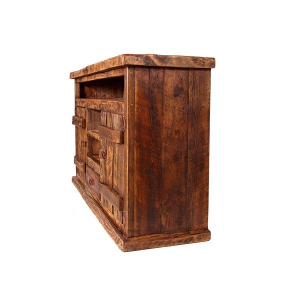 This Old Fashion Woodcutter TV Console is crafted from reclaimed wood for a rugged western look that is heavy and chunky. Perfect for adding a sense of style and durability to your home.