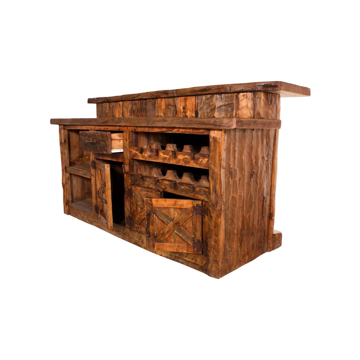 This Old Fashion Bar is the perfect home furnishing addition for the rustic interior. This piece is constructed with solid reclaimed wood and has a tiered bar design for functional use. It is available in several sizes to suit your needs.