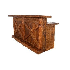 rustic wooden bar with two tiers of counter