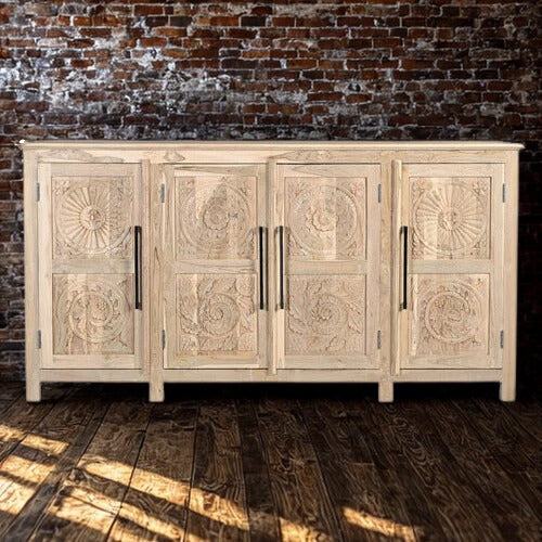 Hanna Carved Panel 4 Door Teak Wood Sideboard