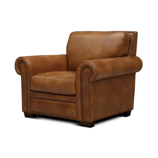 The Aledo Chair features a sturdy hardwood frame, with top grain leather upholstery for added durability and comfort. The outside arms, outside back, and nailhead accent are all fully padded and reinforced, making for a comfortable chair with a uniquely Western style.
