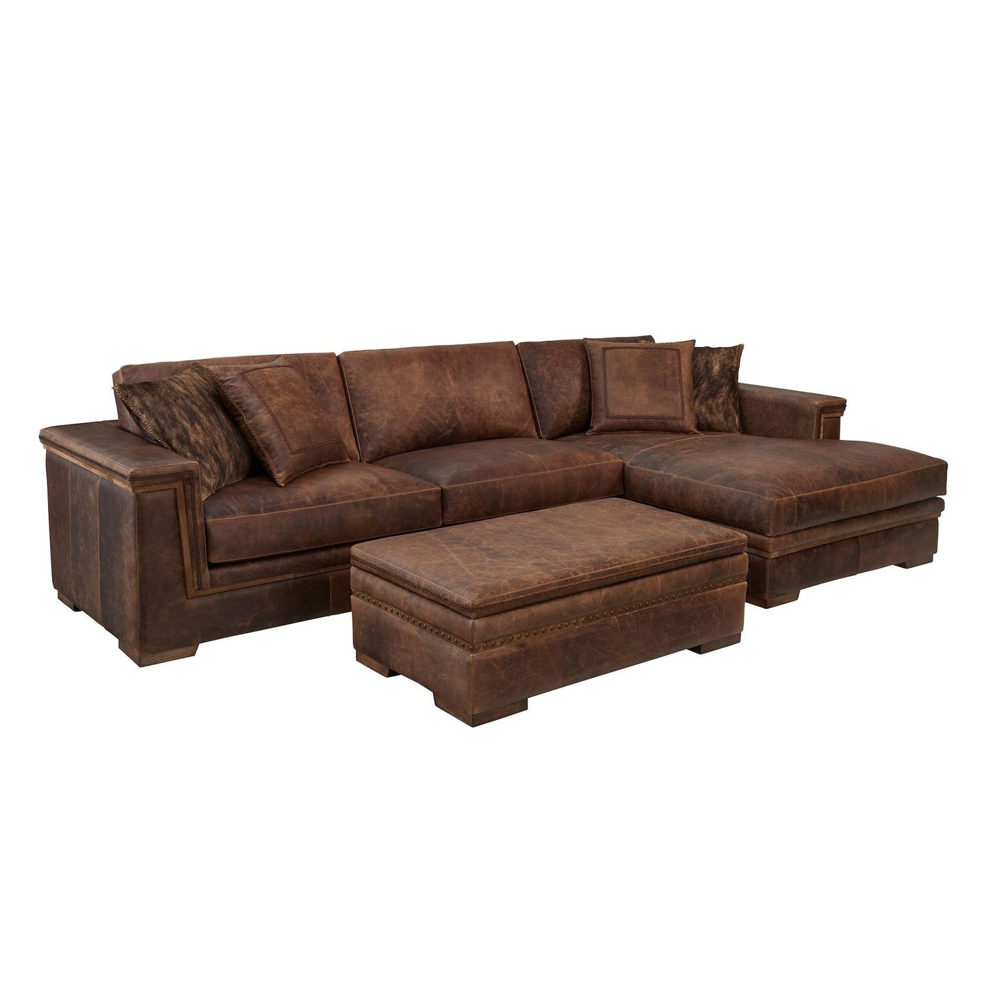 The Navajo Sectional with Chaise is a luxurious addition to any living area. Constructed from a solid wood frame and upholstered in top grain American Bison leather, the sectional features pocketed coil seating for superior comfort and support. It comes with a stylish square arm and is stuffed with down for a touch of Western luxury.